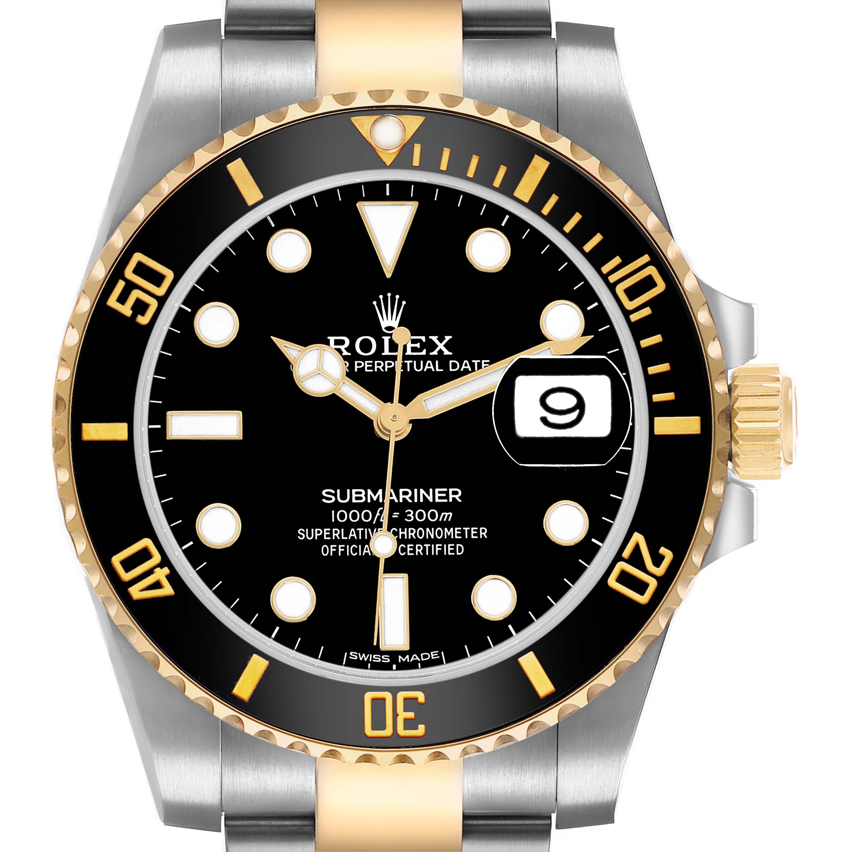 The Rolex Submariner 116613 Men's Steel and Gold (two tone) Black Dial watch is shown from a frontal angle highlighting the dial, bezel, crown, and portion of the bracelet.