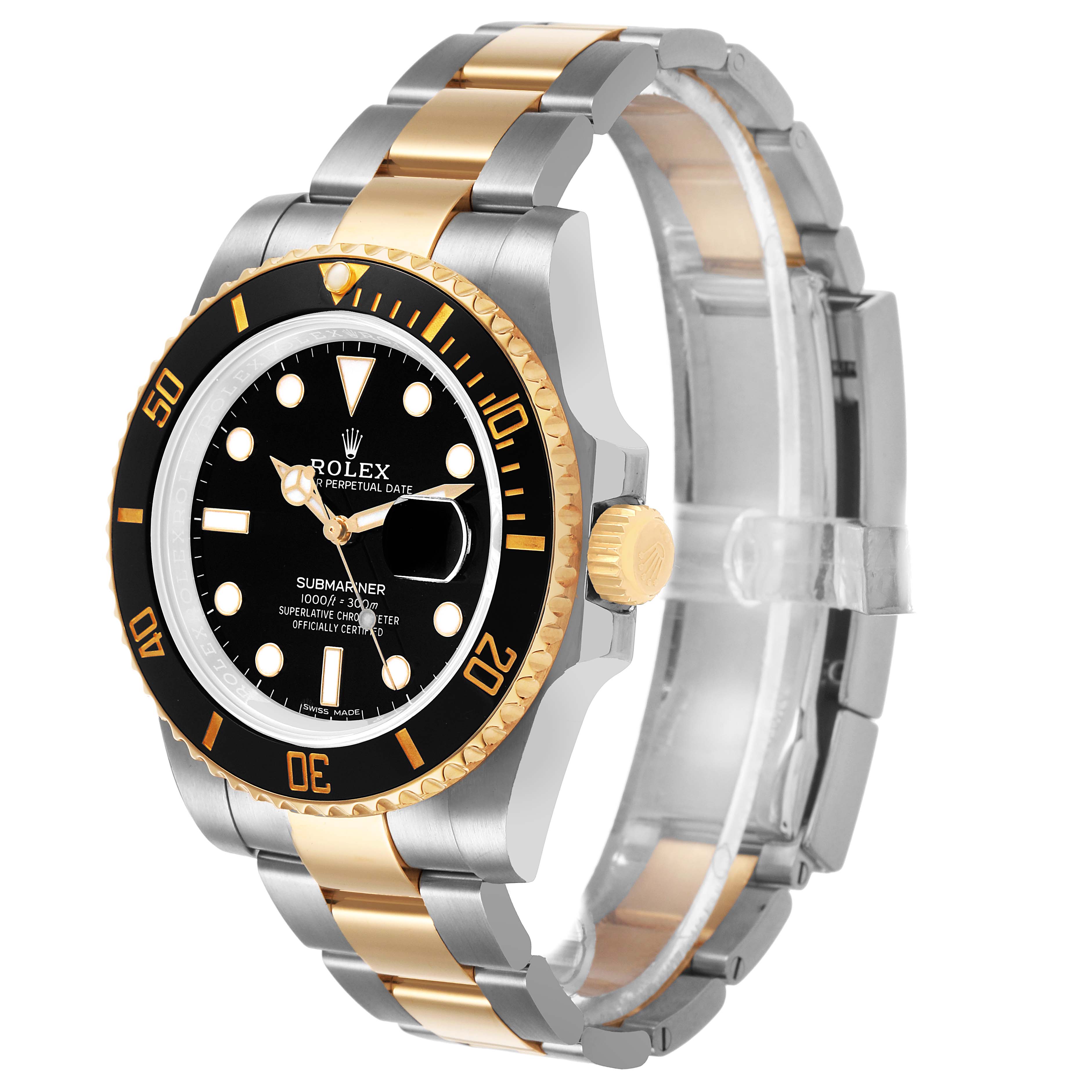 The Rolex Submariner 116613 Men's Steel and Gold (two tone) Black Dial watch is shown at a slight angle displaying the face, bezel, crown, and part of the two-tone bracelet.