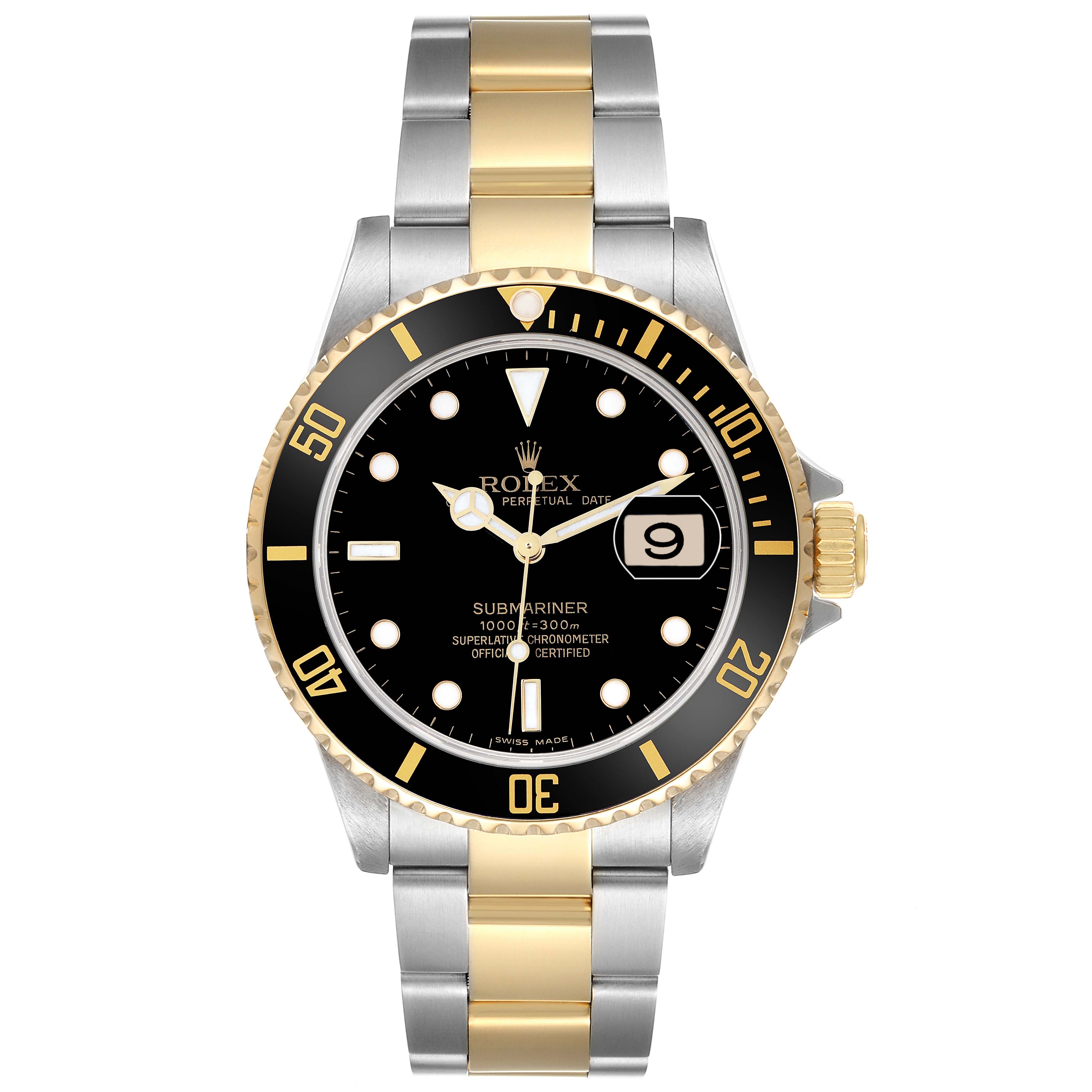 The Rolex Submariner model 16613 is shown from a front angle, featuring its two-tone bracelet, black dial, date window, and gold bezel.