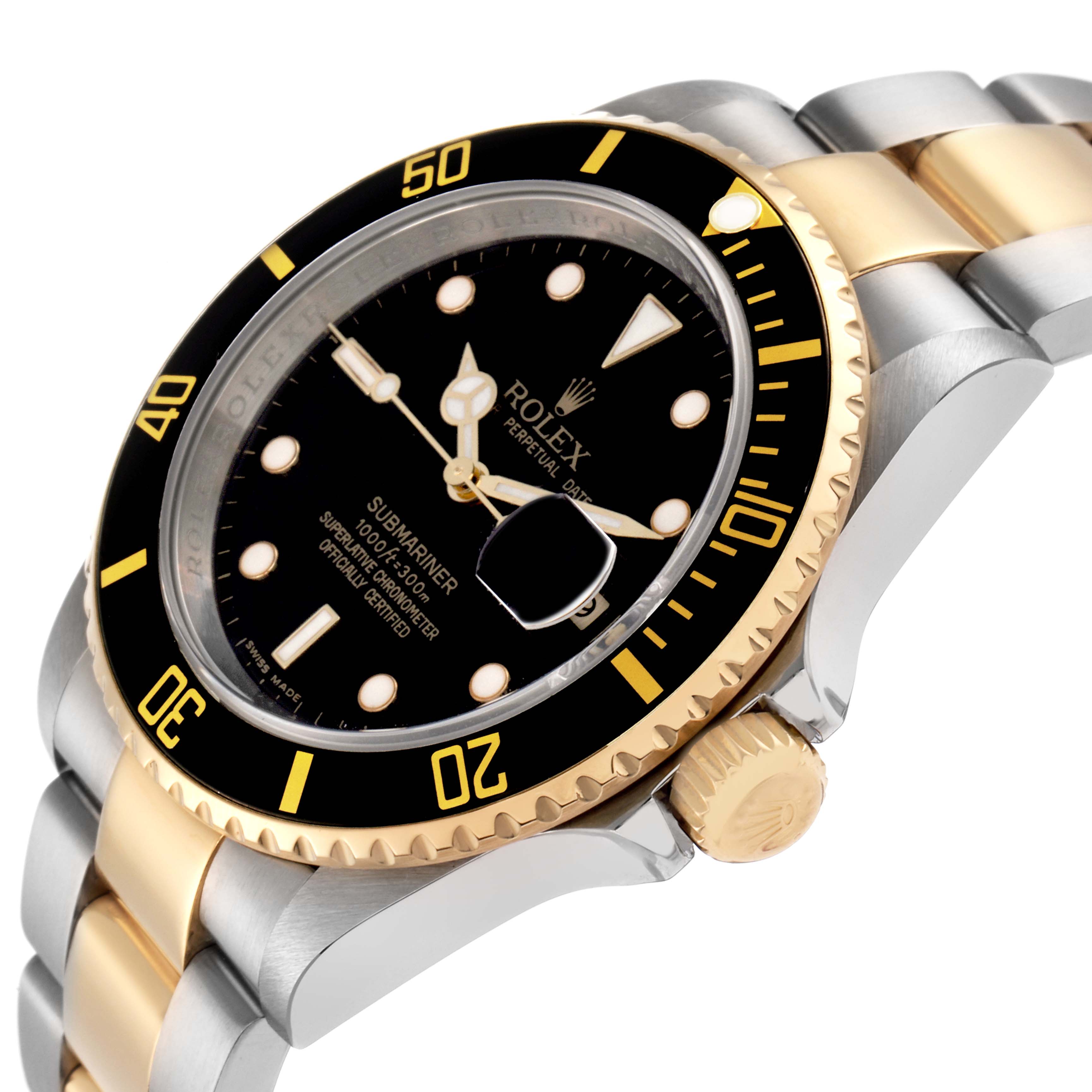 The Rolex Submariner model 16613 is shown at a side angle, displaying the watch face, bezel, crown, and two-tone bracelet.