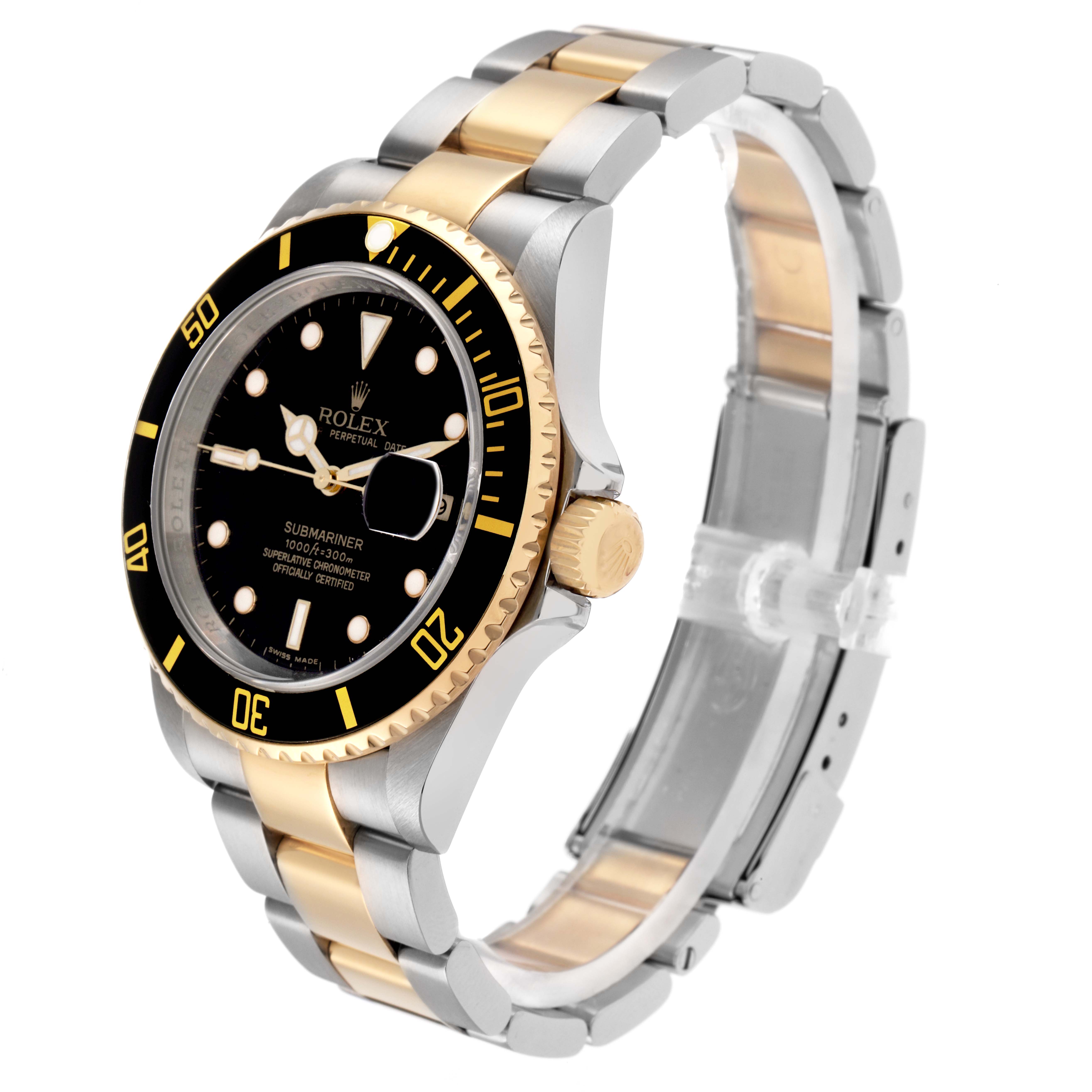 The Rolex Submariner model 16613 is shown at a three-quarter angle, highlighting the black bezel, gold accents, and the two-tone bracelet.