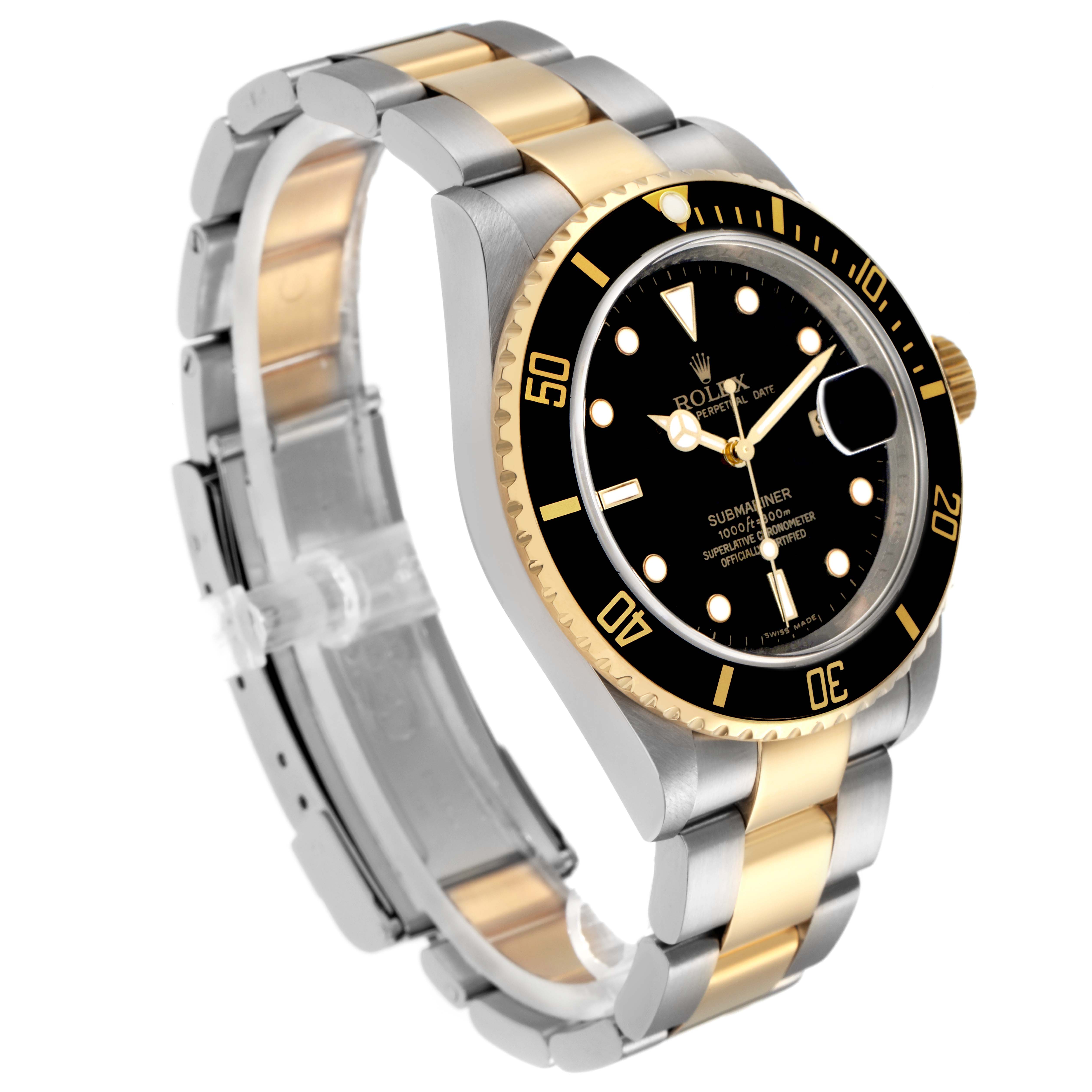 The Rolex Submariner model 16613 is shown at an angled side view, highlighting the black dial, gold bezel, and two-tone metal bracelet.