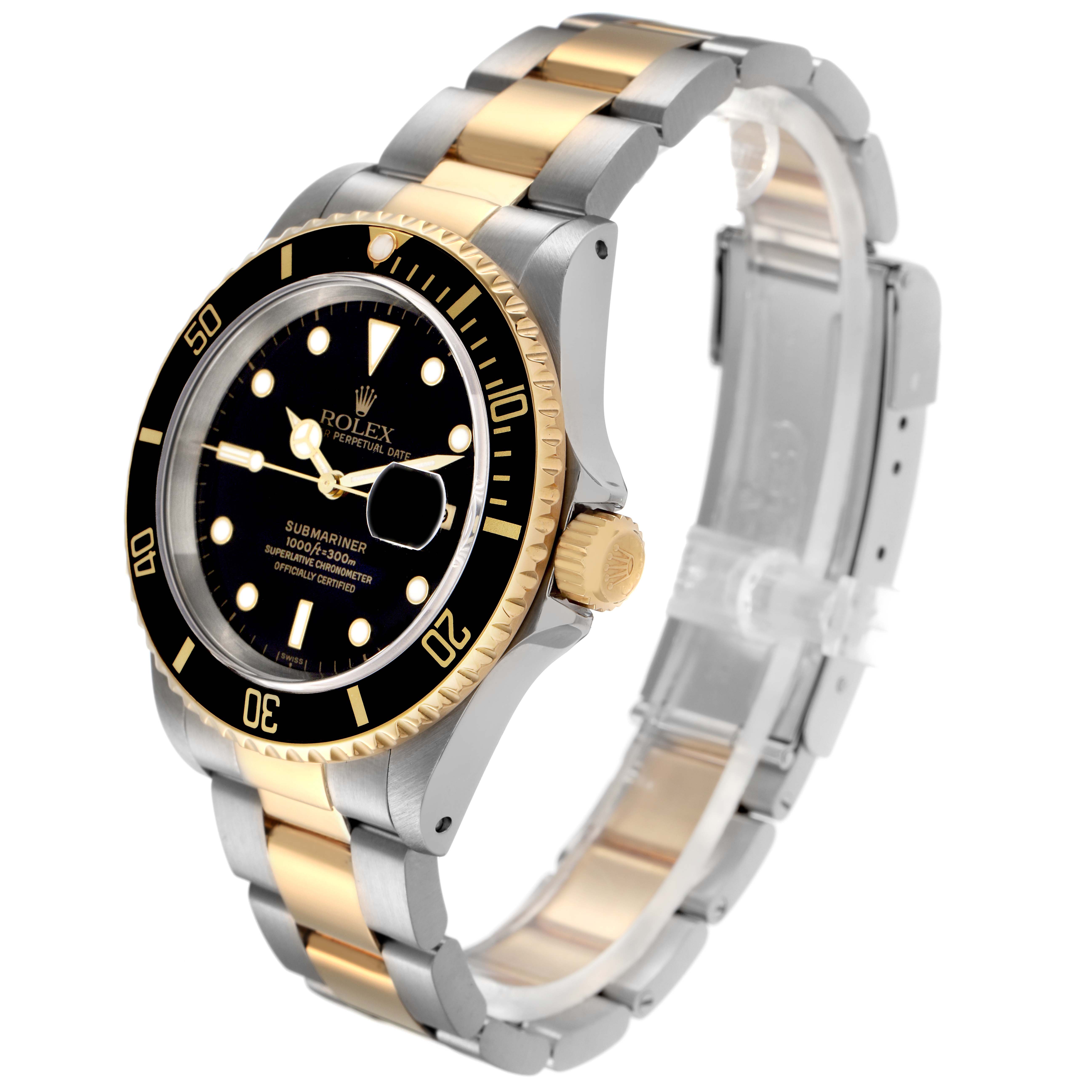 The Rolex Submariner model 16613 men's watch is shown from an angled side view, highlighting the black dial, bezel, gold crown, and two-tone bracelet.