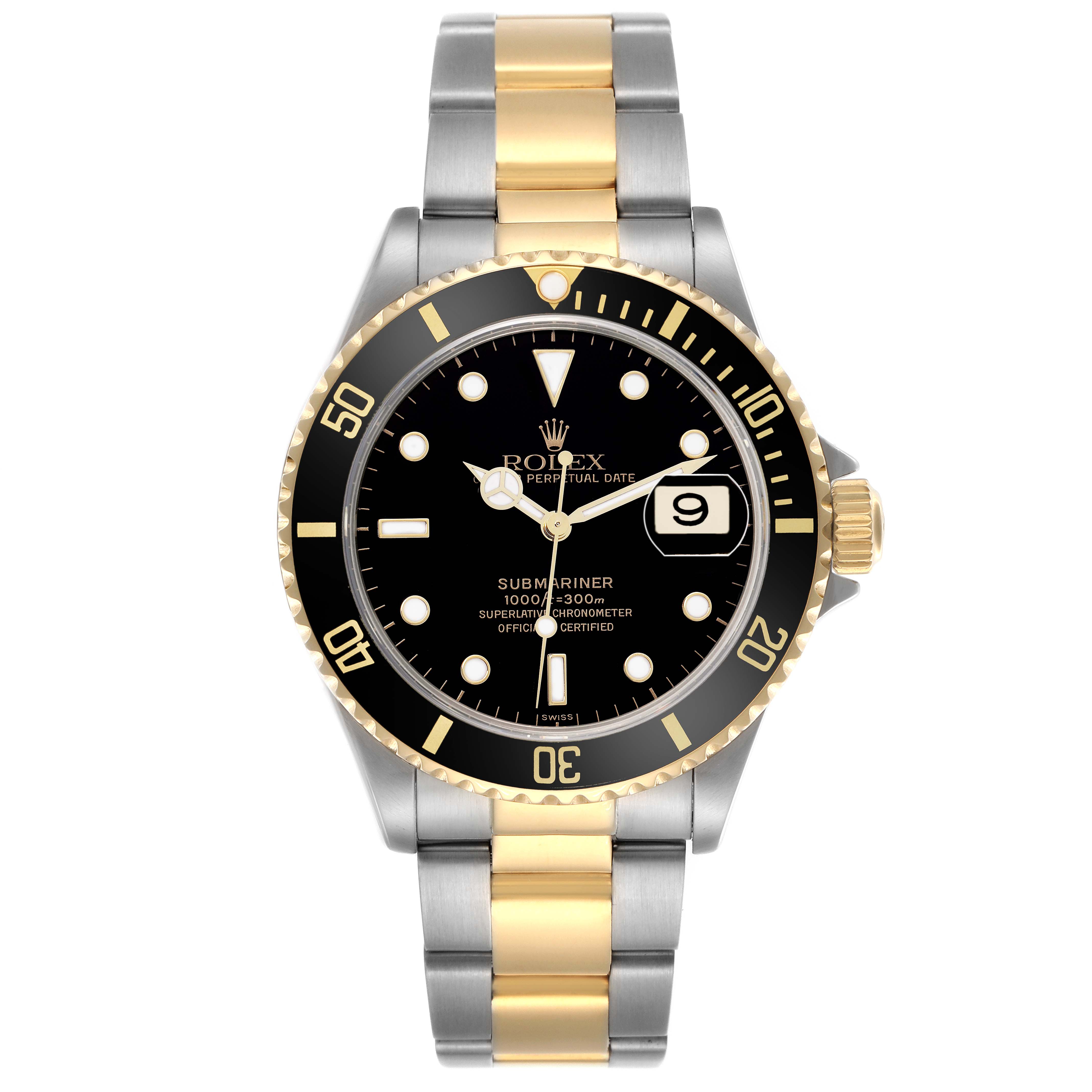 The image shows a front view of the Rolex Submariner men's watch, model number 16613, highlighting the dial, bezel, and two-tone bracelet.