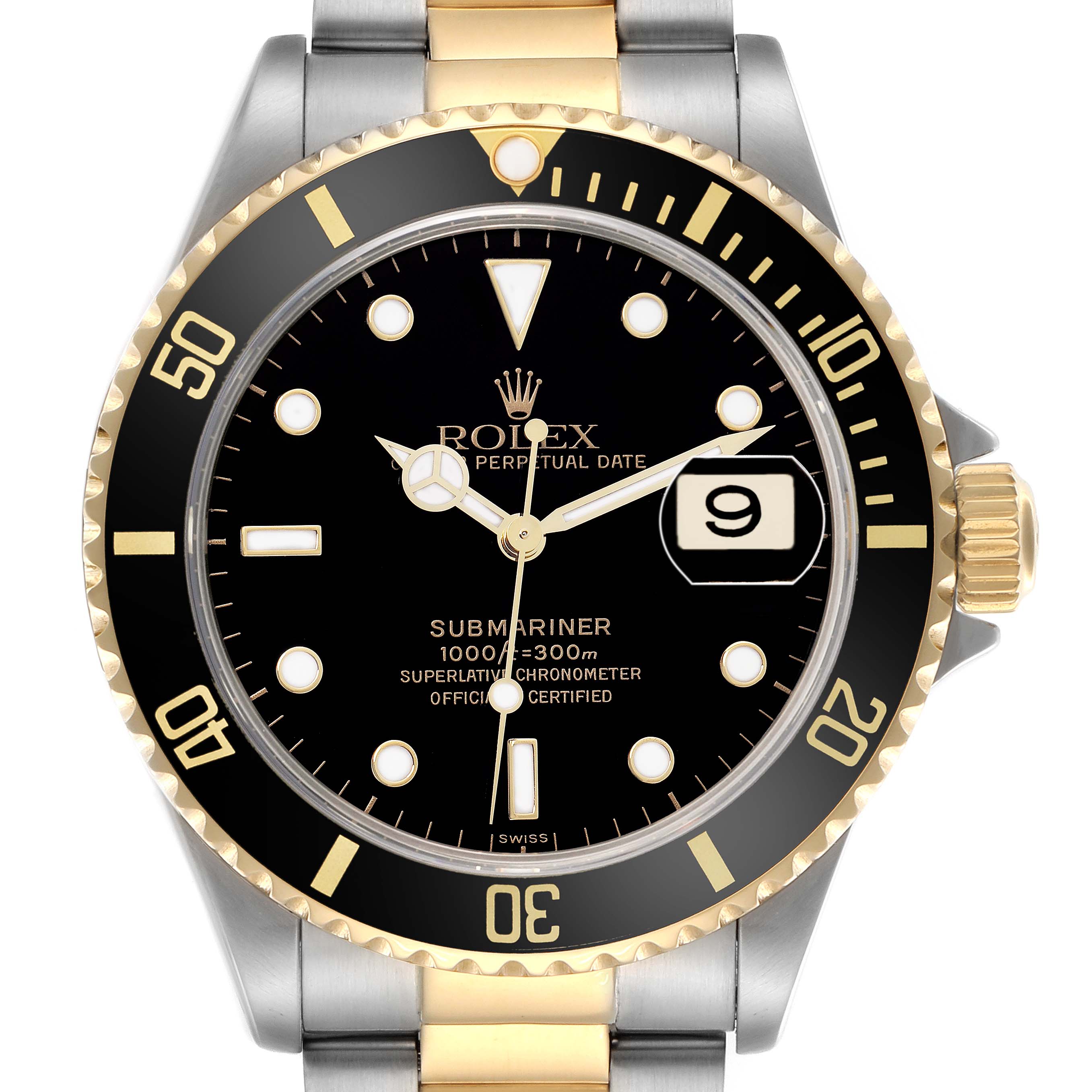 The Rolex Submariner model 16613 watch is shown from a front angle, highlighting the black dial, gold and silver bezel, and bracelet.
