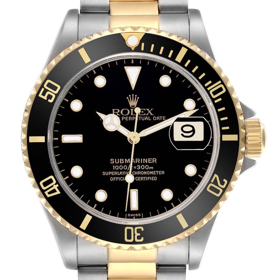 The Rolex Submariner model 16613 watch is shown from a front angle, highlighting the black dial, gold and silver bezel, and bracelet.