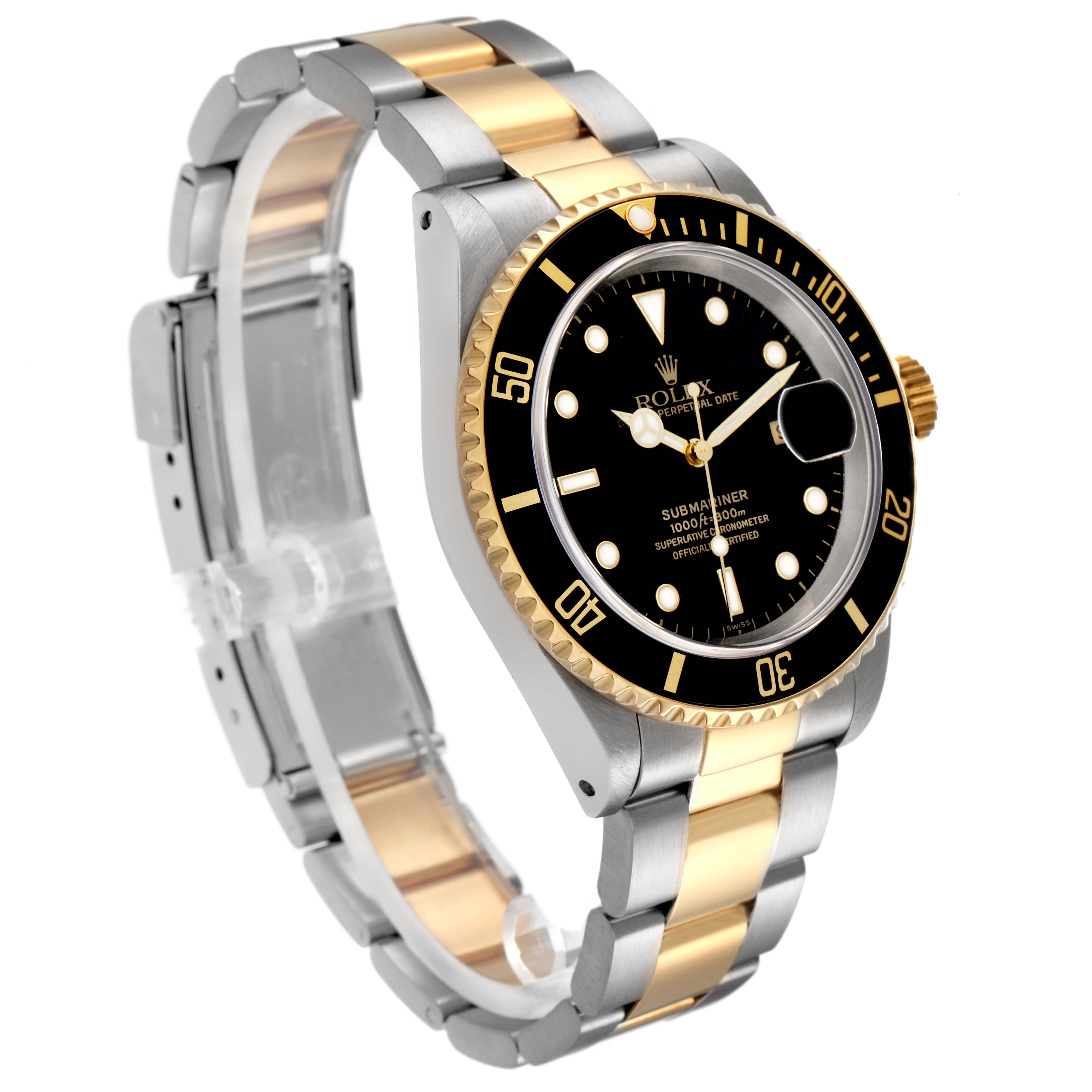 The Rolex Submariner model 16613 is shown at a slight angle, highlighting its case, bezel, dial, and two-tone bracelet.