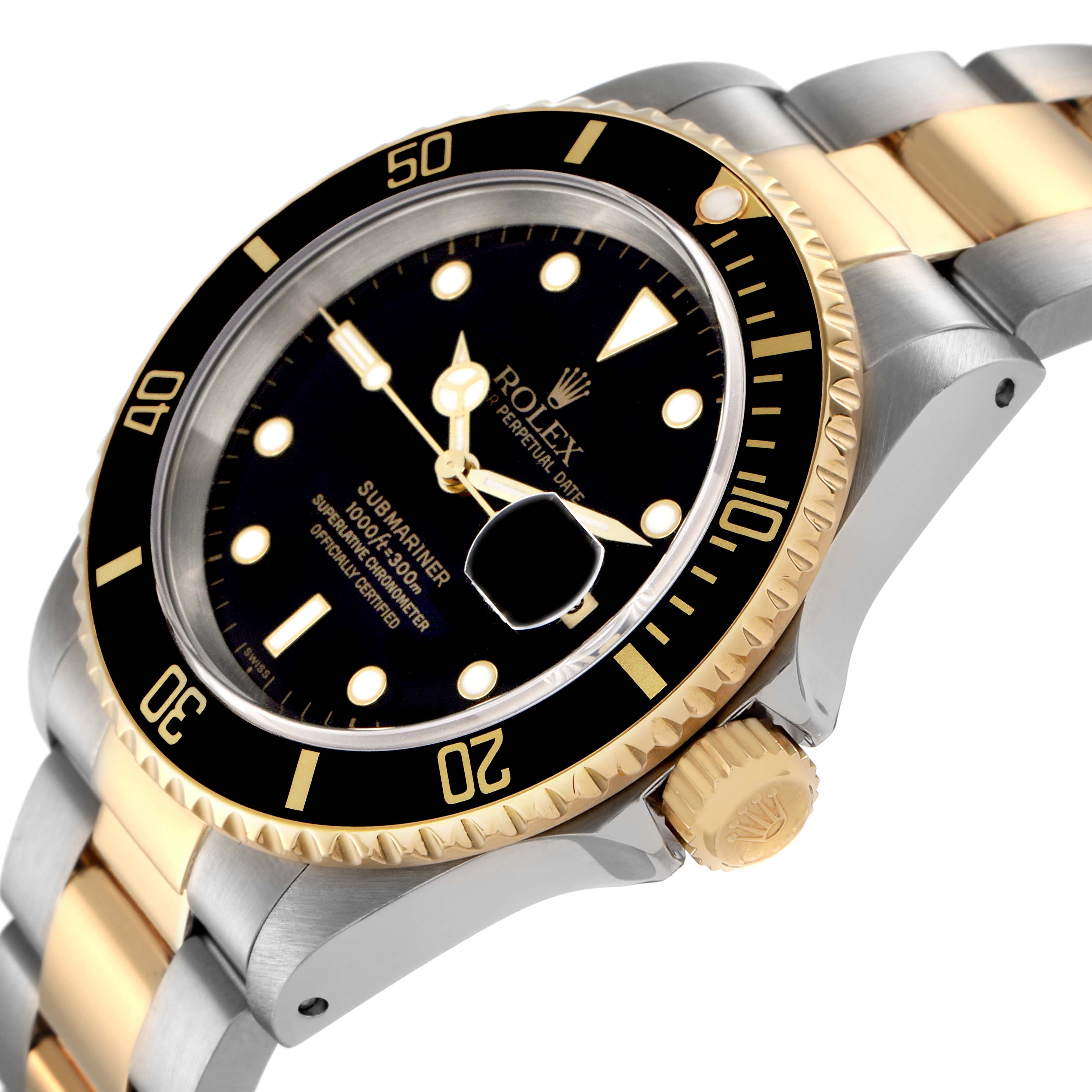 The Rolex Submariner model 16613 is shown at an angle highlighting the black dial, gold bezel, crown, and two-tone bracelet.