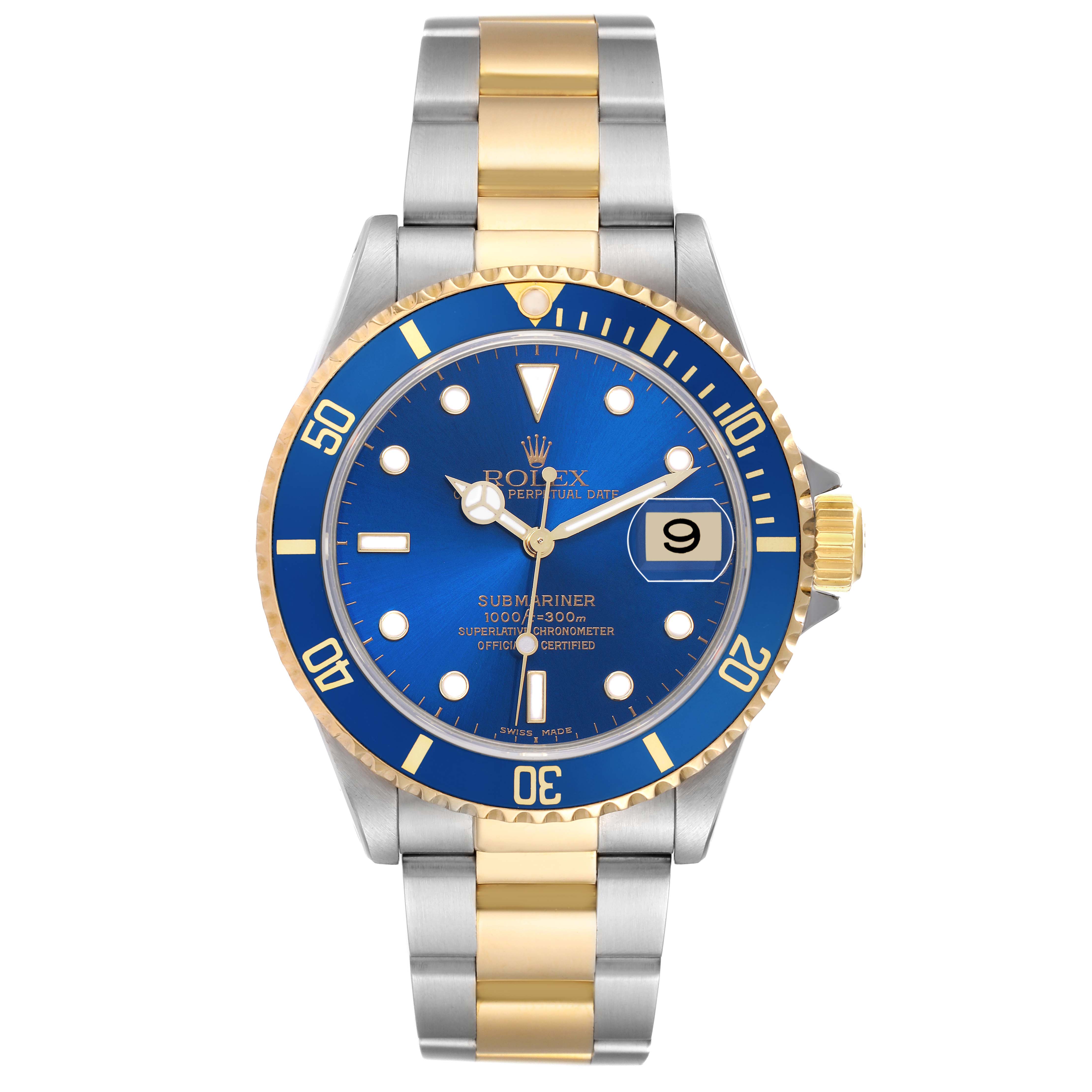 The Rolex Submariner model 16613 is shown from a front angle, displaying its blue dial, gold and silver bracelet, and bezel with a date window.