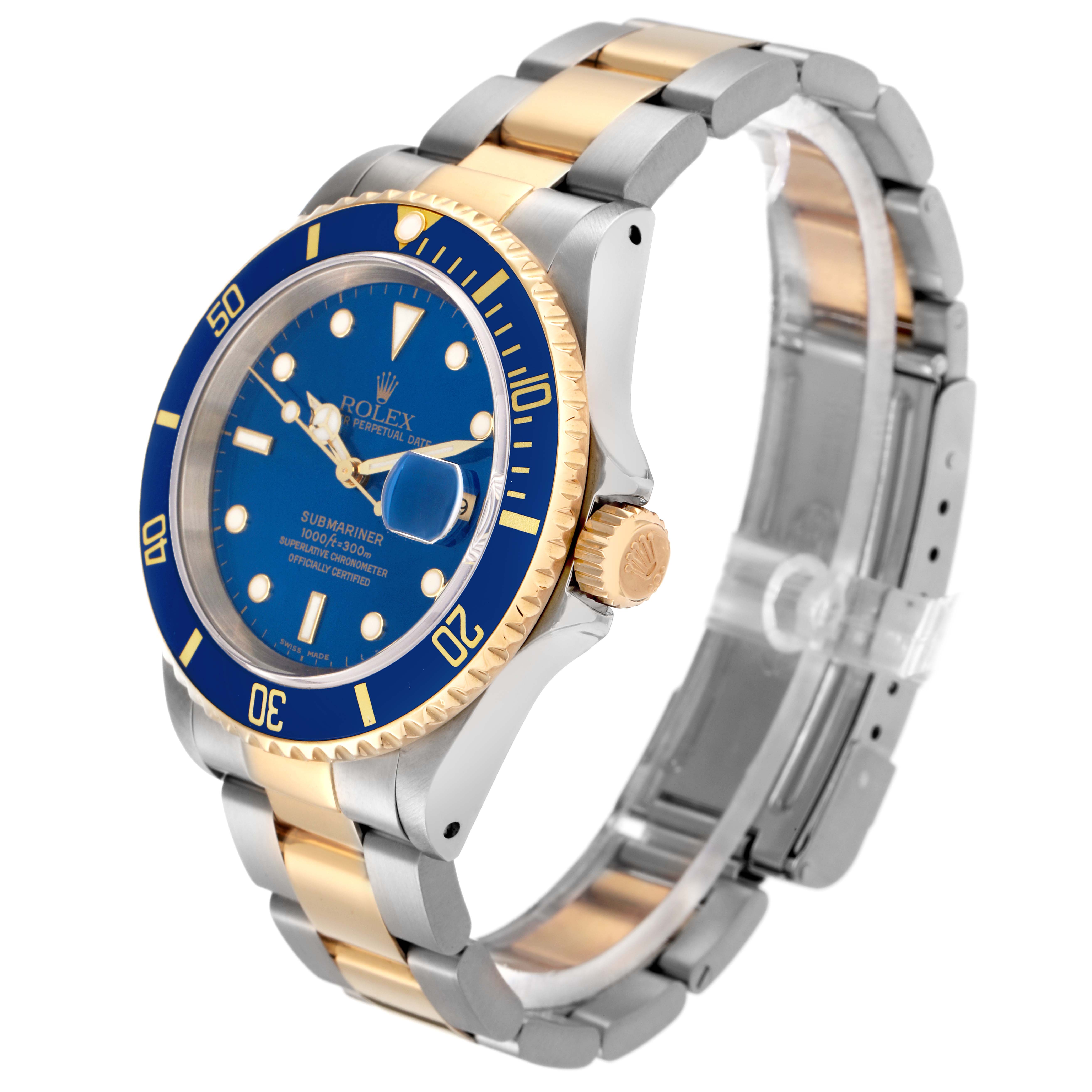 The Rolex Submariner model 16613 is shown at a three-quarter angle, highlighting the blue dial, gold and silver bracelet, and the crown on the side.