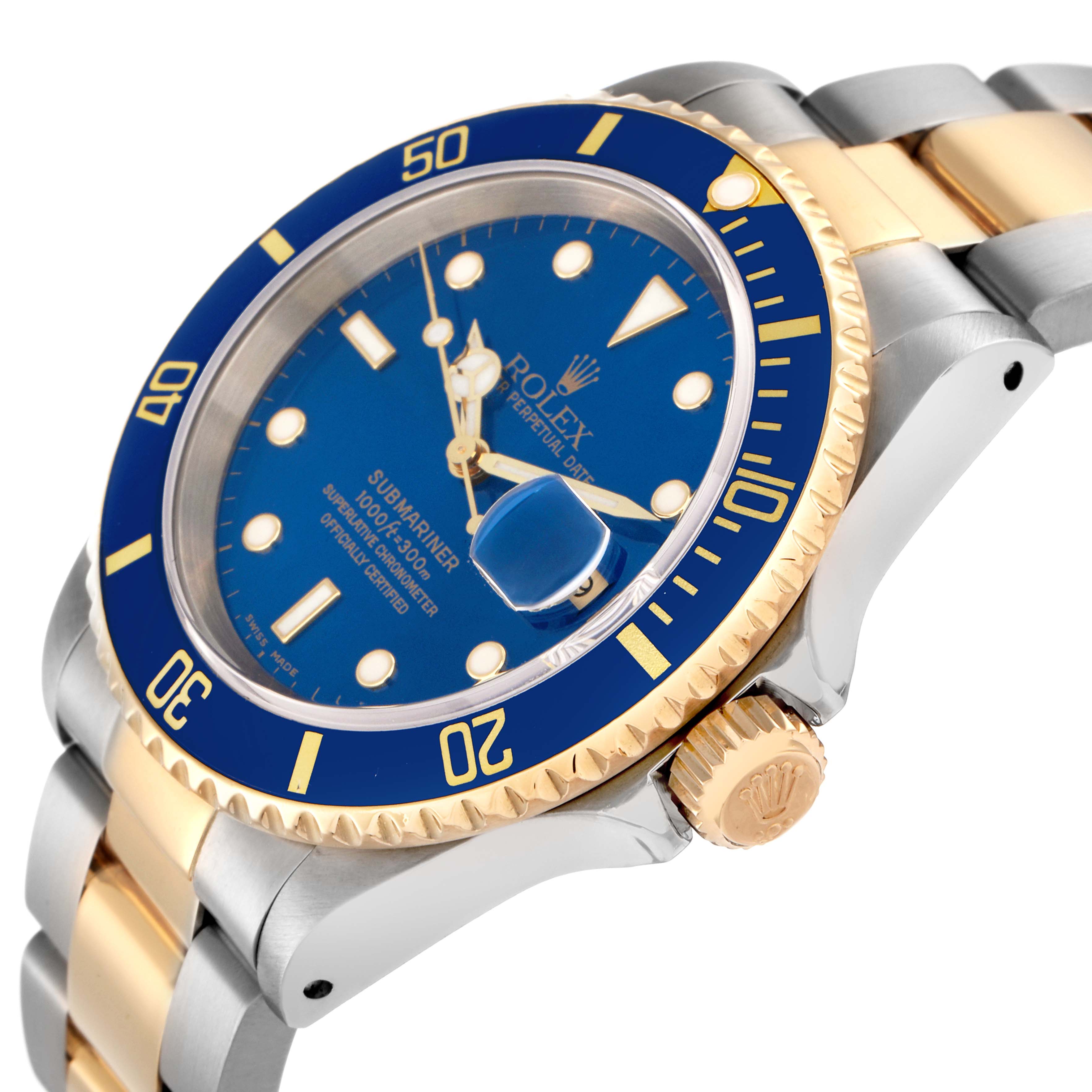 The image shows a Rolex Submariner model 16613 from a side angle, highlighting the blue dial, gold bezel, crown, and two-tone bracelet.