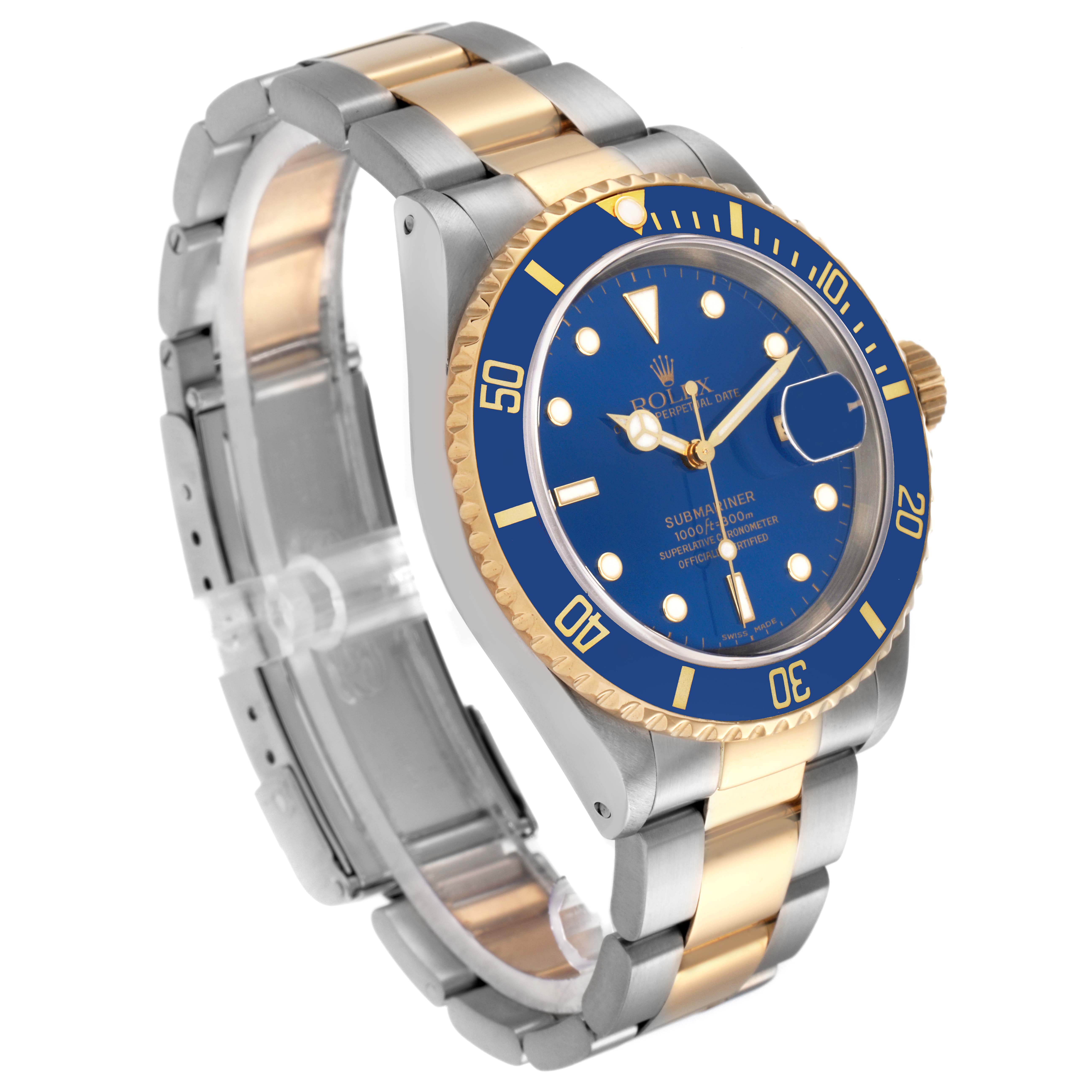 The image shows a Rolex Submariner 16613 men's watch at a side angle, highlighting its blue dial, bezel, and two-tone metal bracelet.