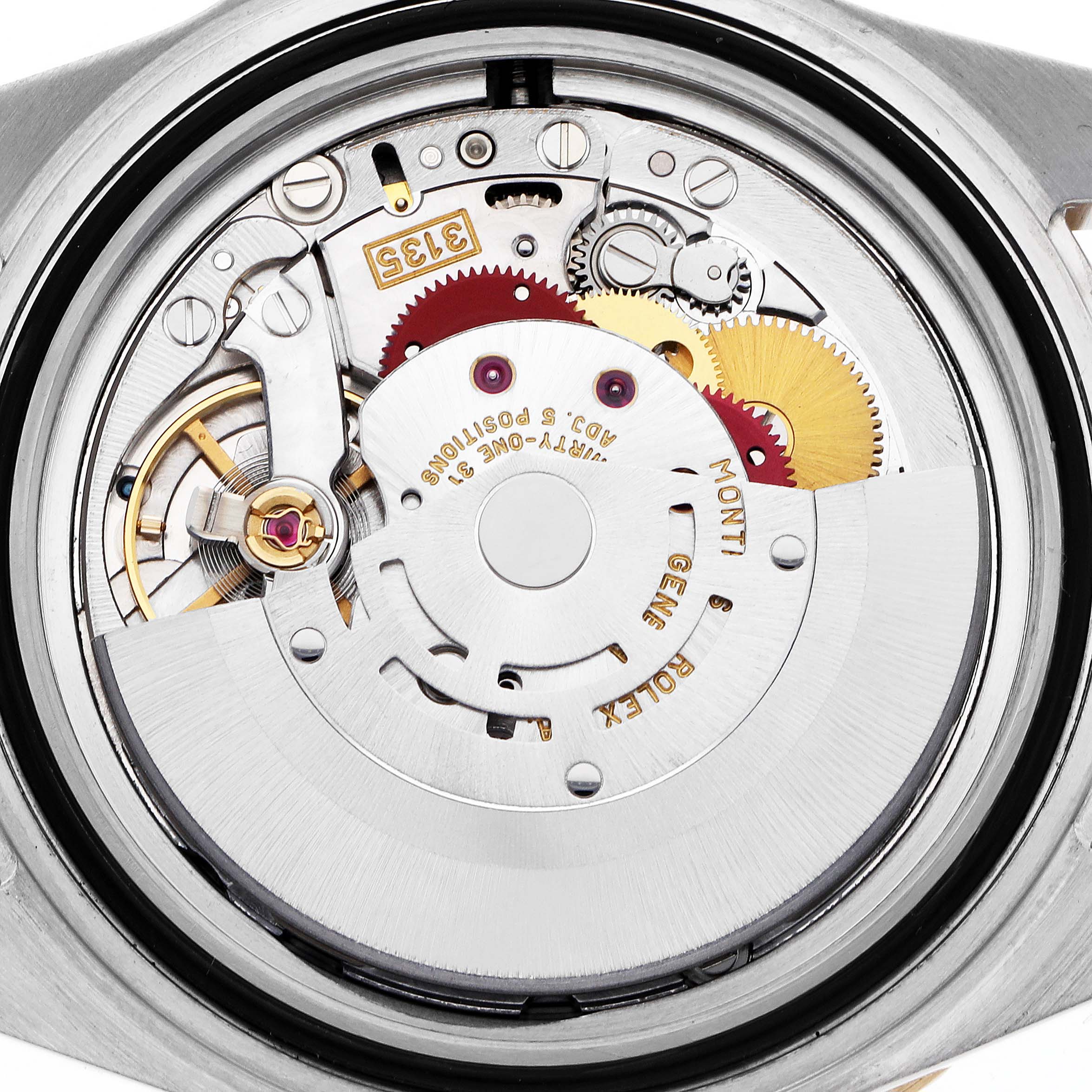 The image shows the movement mechanism of a Rolex Submariner, model number 16613, viewed from the back, highlighting gears and intricate components.