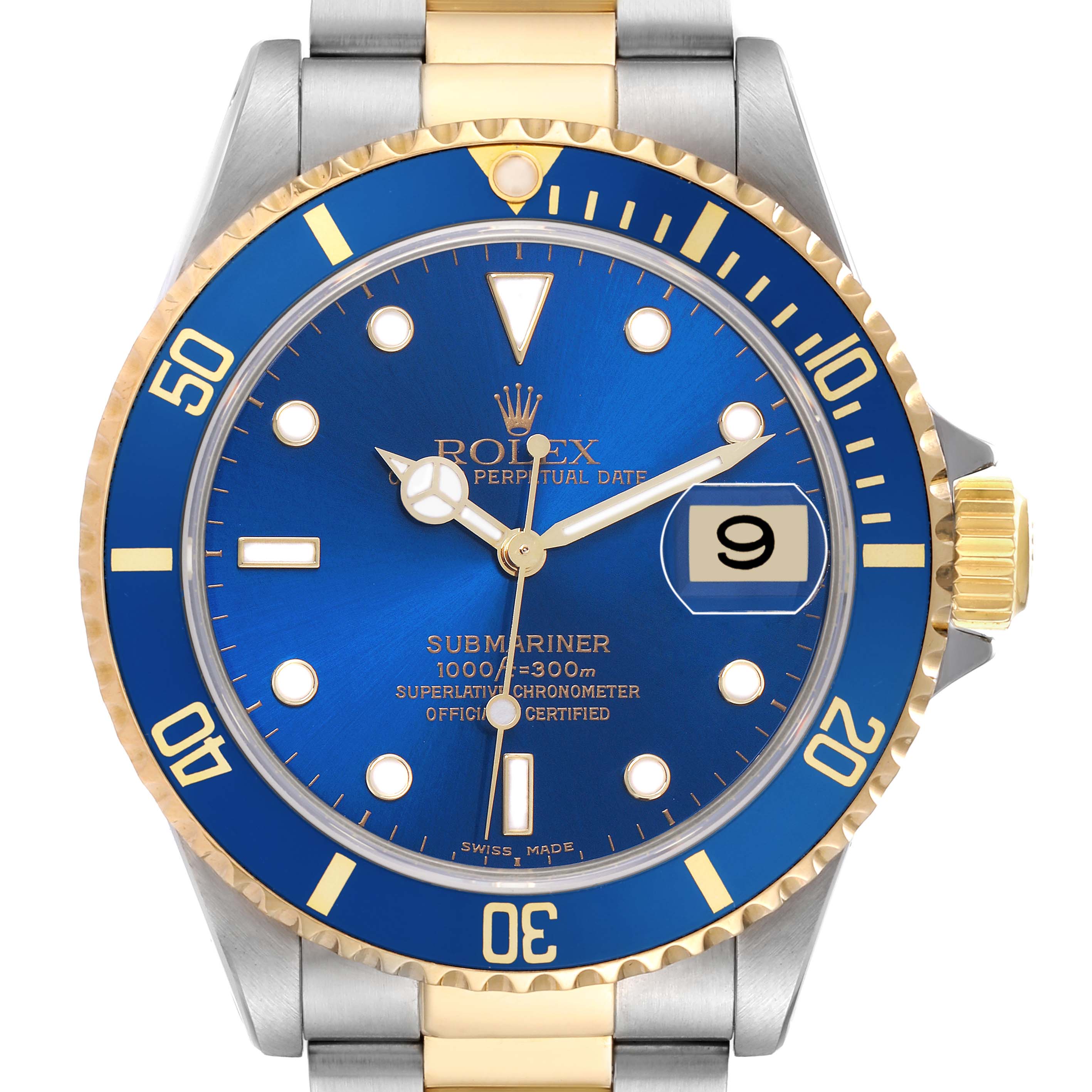 The image shows a front view of the Rolex Submariner model 16613, highlighting the blue dial, gold accents, and bezel with a date display.