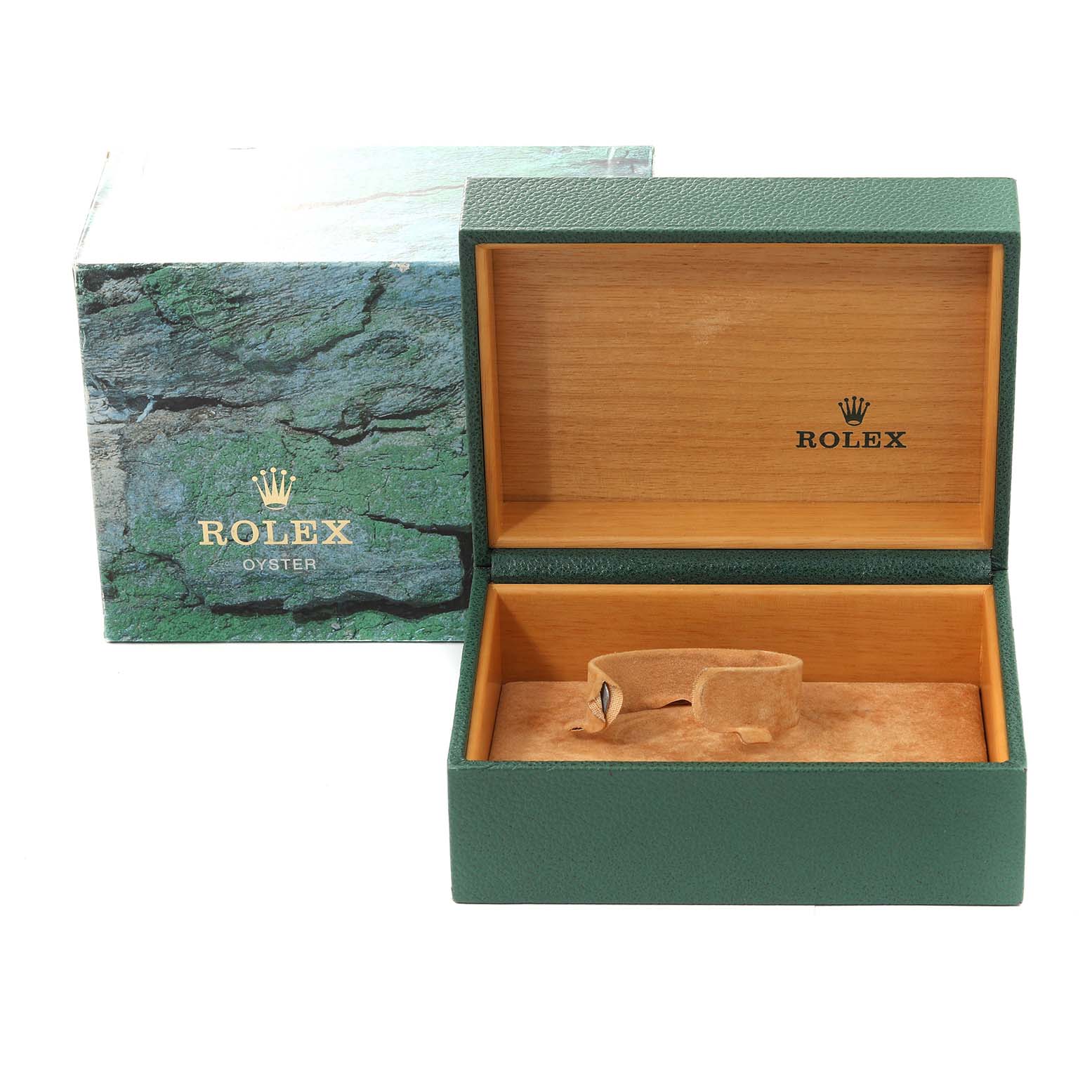This image shows an open green Rolex box, with the interior revealing a cushion for the Rolex Submariner 16613 Men's Steel and Gold (two tone) Grey Dial 16613 Men's Steel and Gold (two tone) Grey Dial watch.