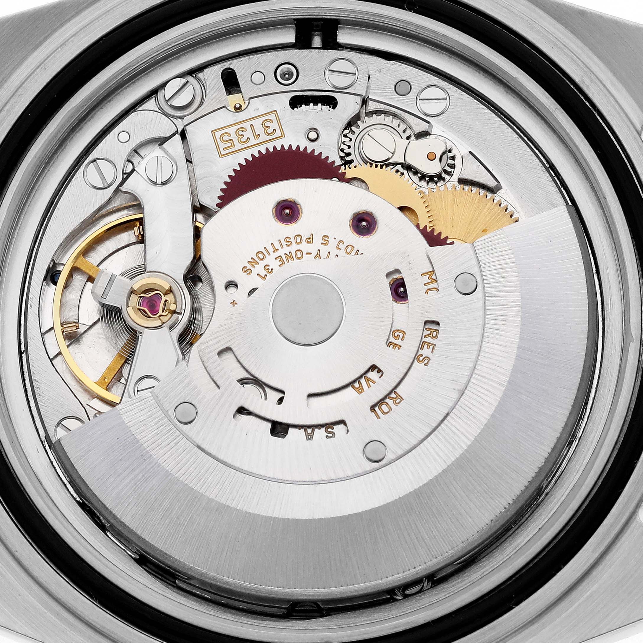The image shows the internal mechanism of a Rolex Submariner 16613 Men's Steel and Gold (two tone) Grey Dial 16613 Men's Steel and Gold (two tone) Grey Dial watch, viewed from the back case with various gears and components exposed.
