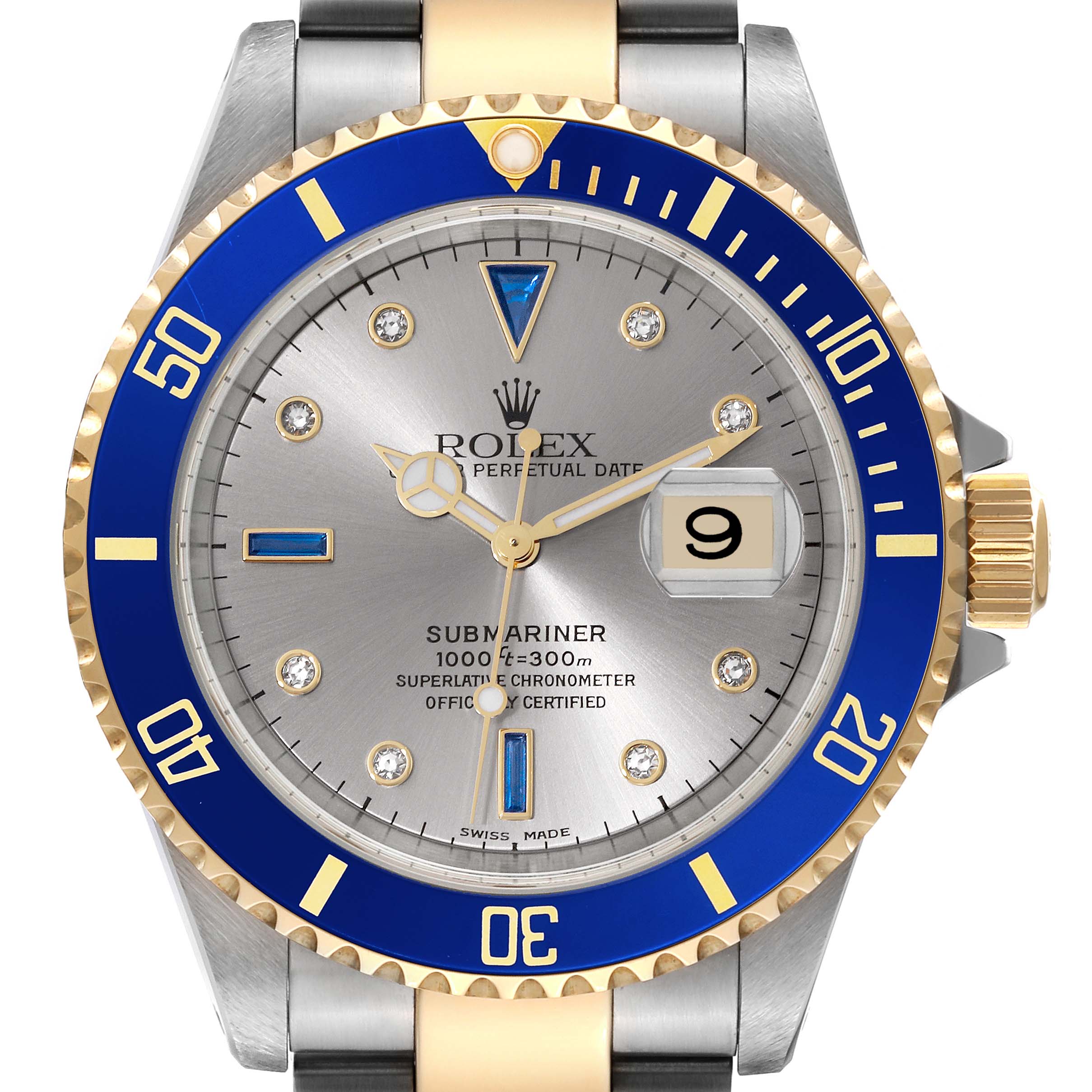 This image shows a front view of a Rolex Submariner 16613 Men's Steel and Gold (two tone) Grey Dial 16613 Men's Steel and Gold (two tone) Grey Dial watch with a blue bezel and a silver dial.