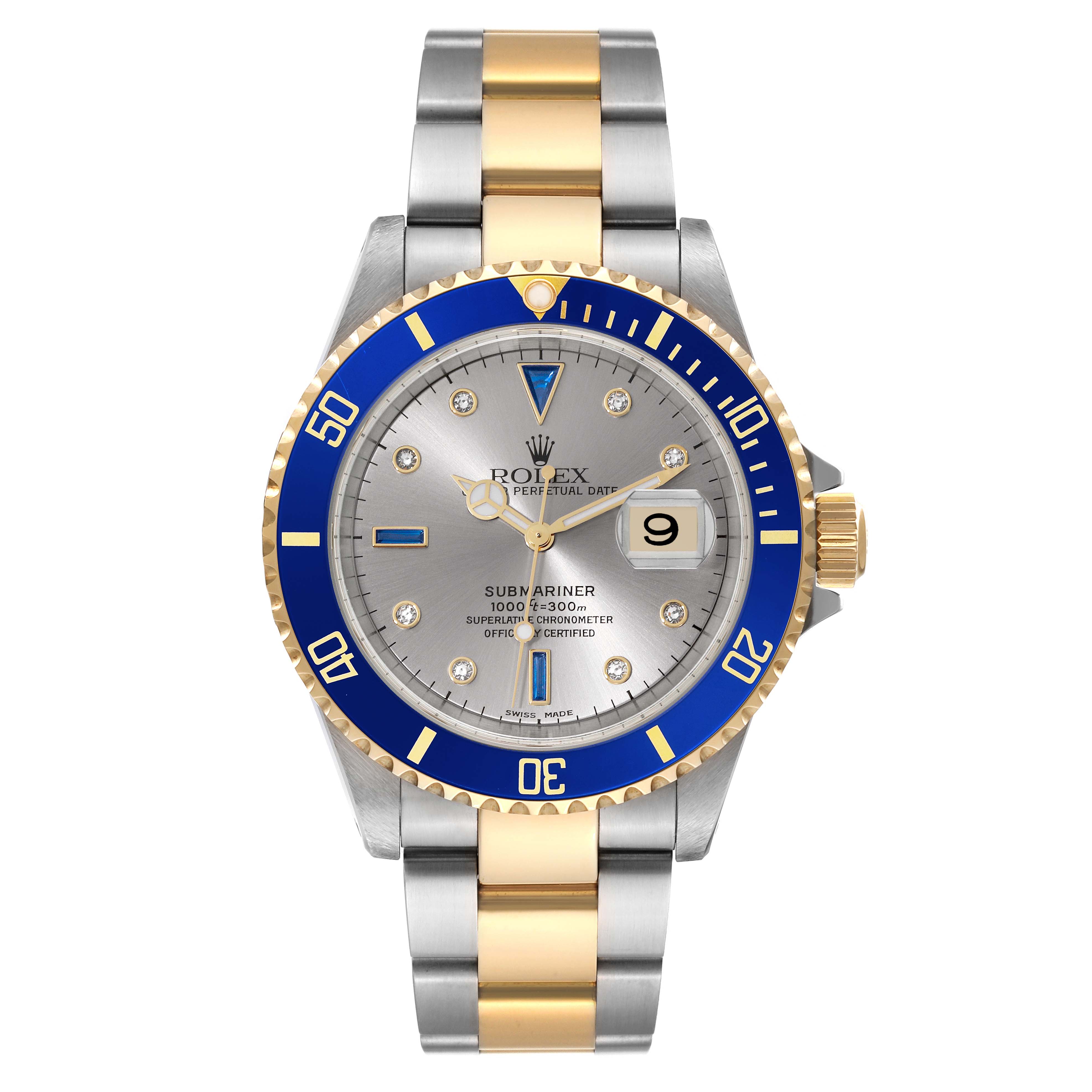 This image shows a front view of a Rolex Submariner 16613 Men's Steel and Gold (two tone) Grey Dial 16613 Men's Steel and Gold (two tone) Grey Dial watch, highlighting its blue bezel, silver dial, and two-tone metal bracelet.