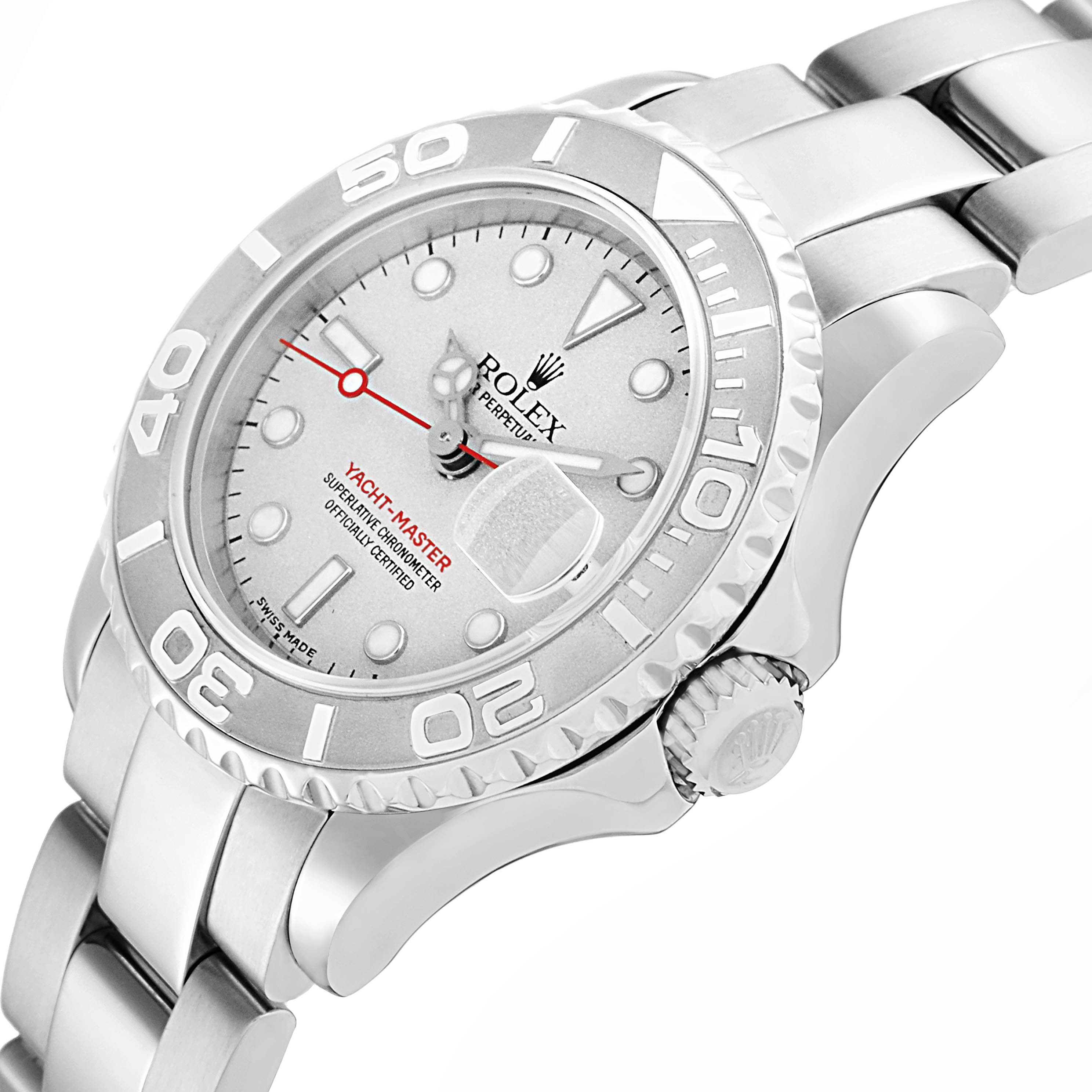 The image shows a Rolex Yacht-Master model 169622 from an angled view displaying the face, bezel, crown, and part of the bracelet.