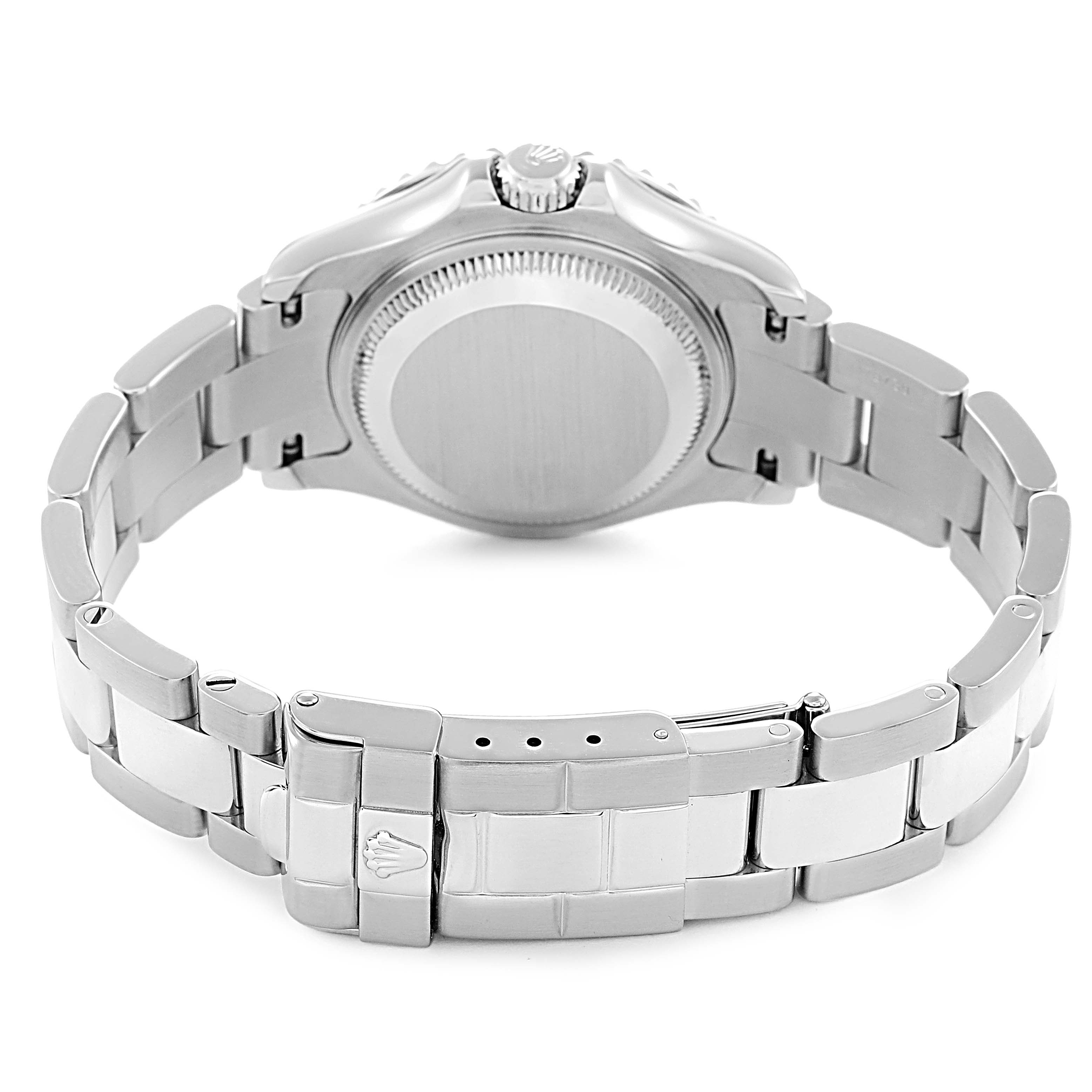The image shows the back of a Rolex Yacht-Master, model 169622, focusing on the case back, bracelet, and clasp.