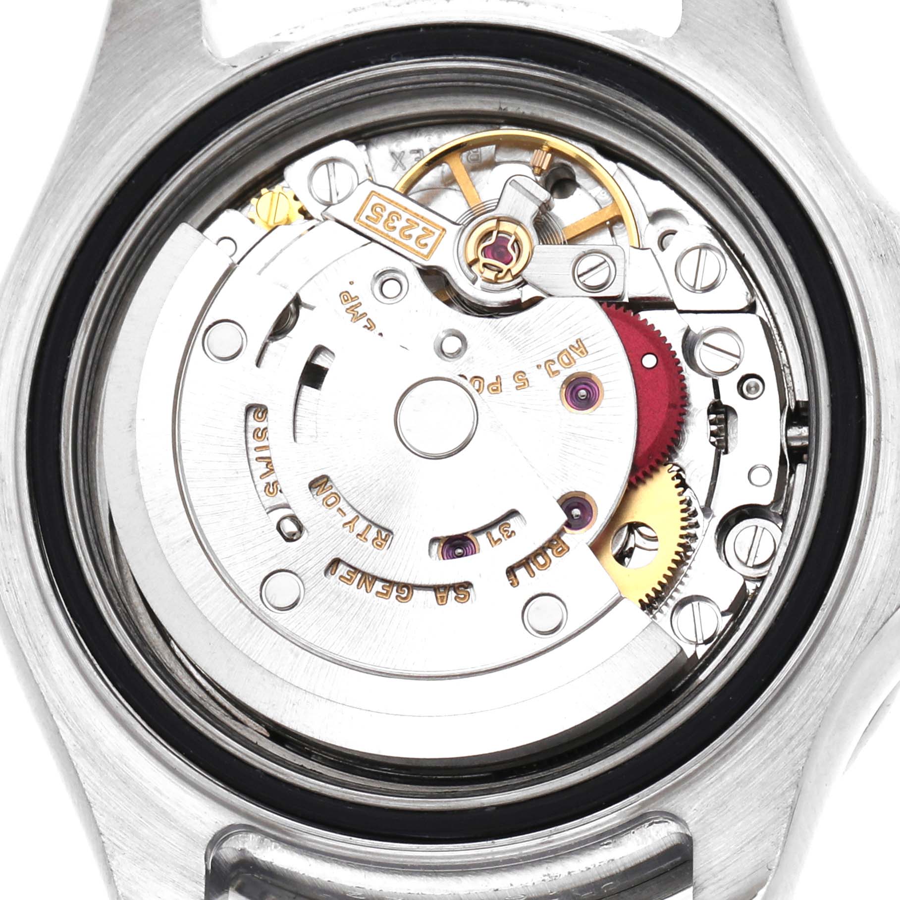 This image shows the inner mechanical movement of the Rolex Yacht-Master model 169622 watch from a top-down angle, highlighting gears and components.