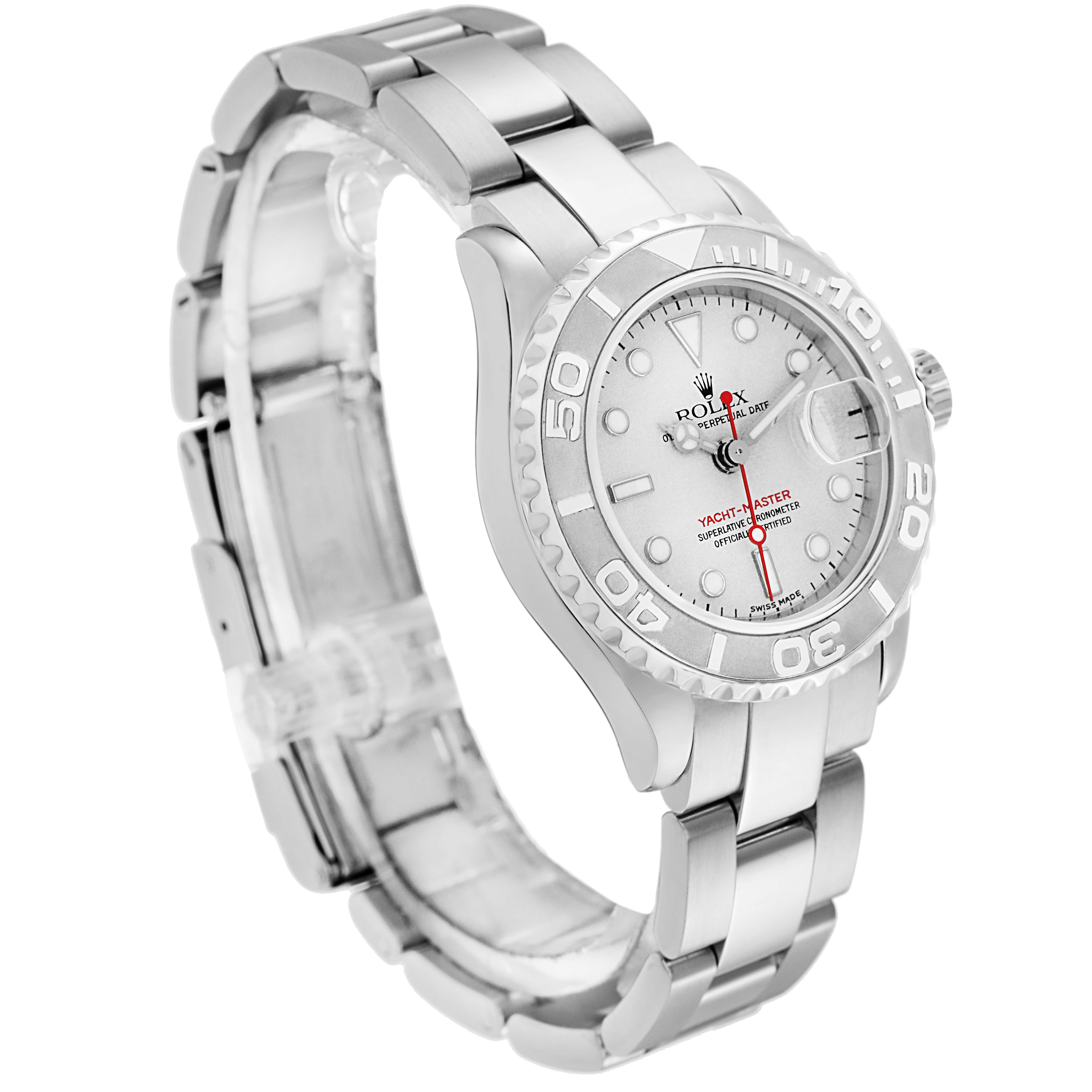 The Rolex Yacht-Master model 169622 is shown at an angle highlighting the bracelet, bezel, crown, and face with clear visibility of the dial details.