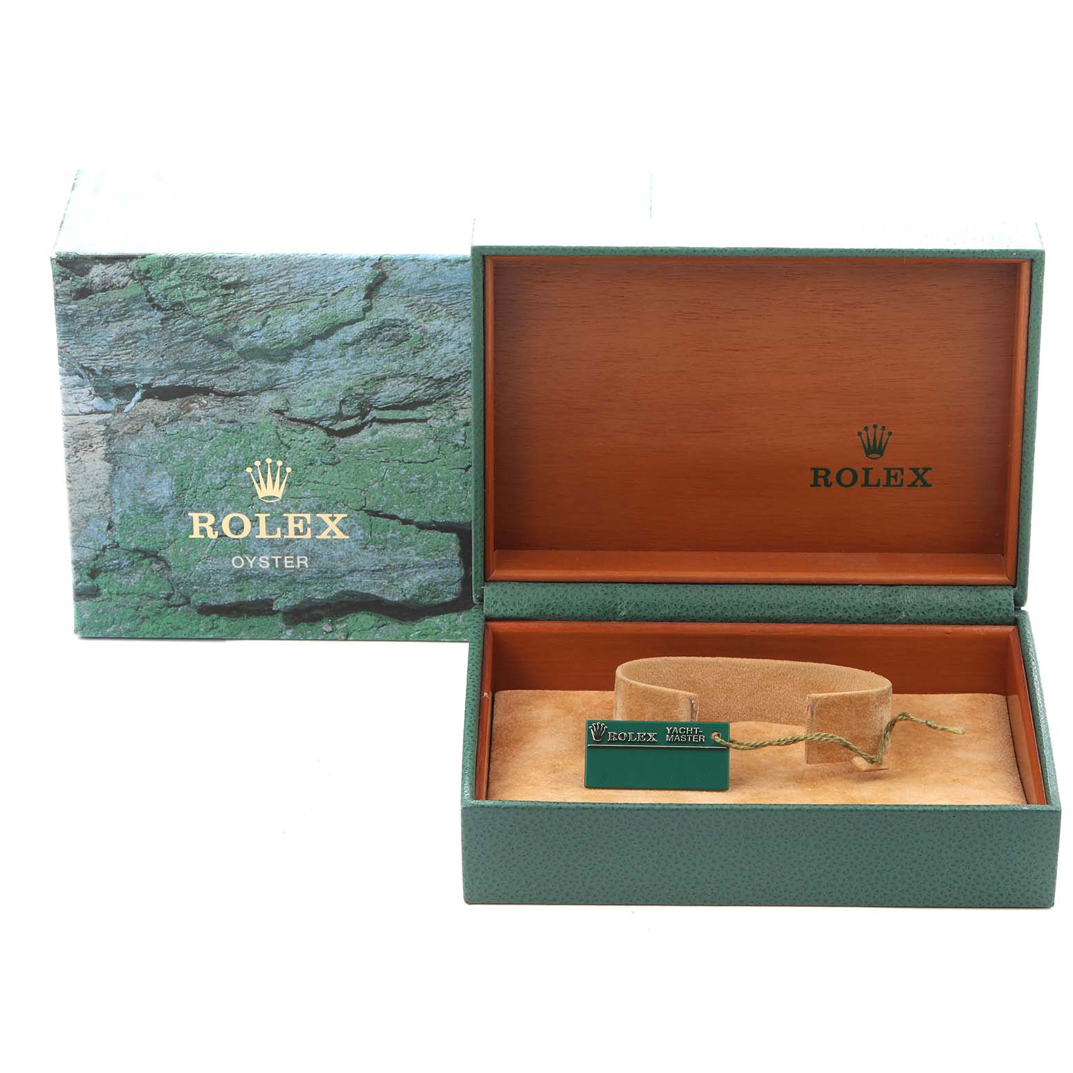 The image shows the open box of a Rolex Yacht-Master model 169622, featuring the inner packaging and a green tag, without the watch visible.