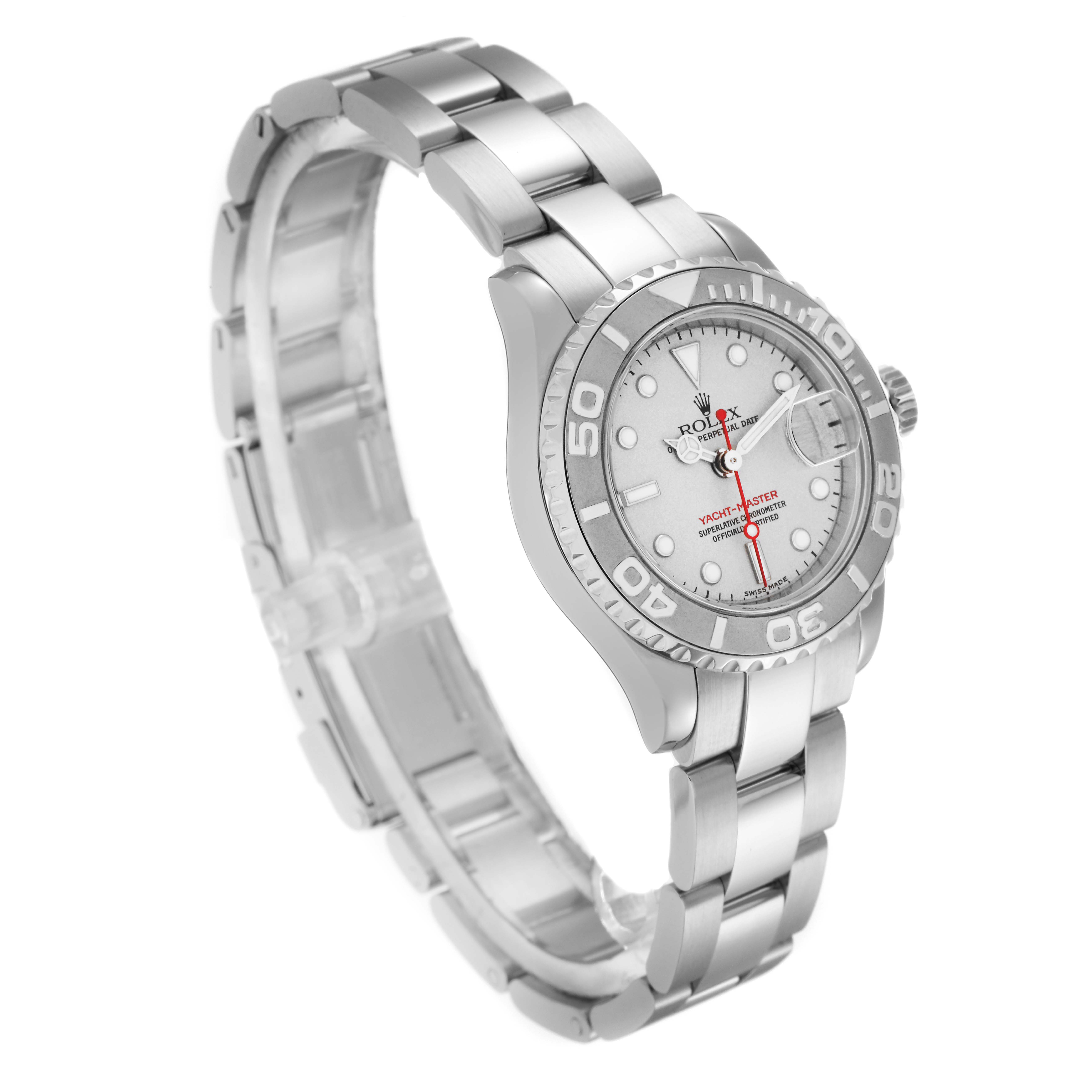 The image shows a Rolex Yacht-Master model 169622 men's watch at a 3/4 angle, highlighting the watch face, bezel, crown, and stainless steel bracelet.