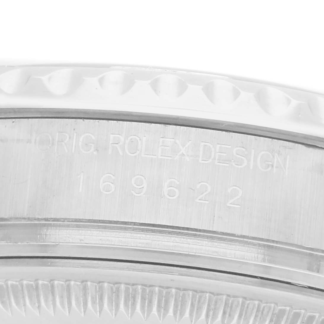 The image shows a close-up of the bezel edge and engraved design number "169622" on the Rolex Yacht-Master watch.