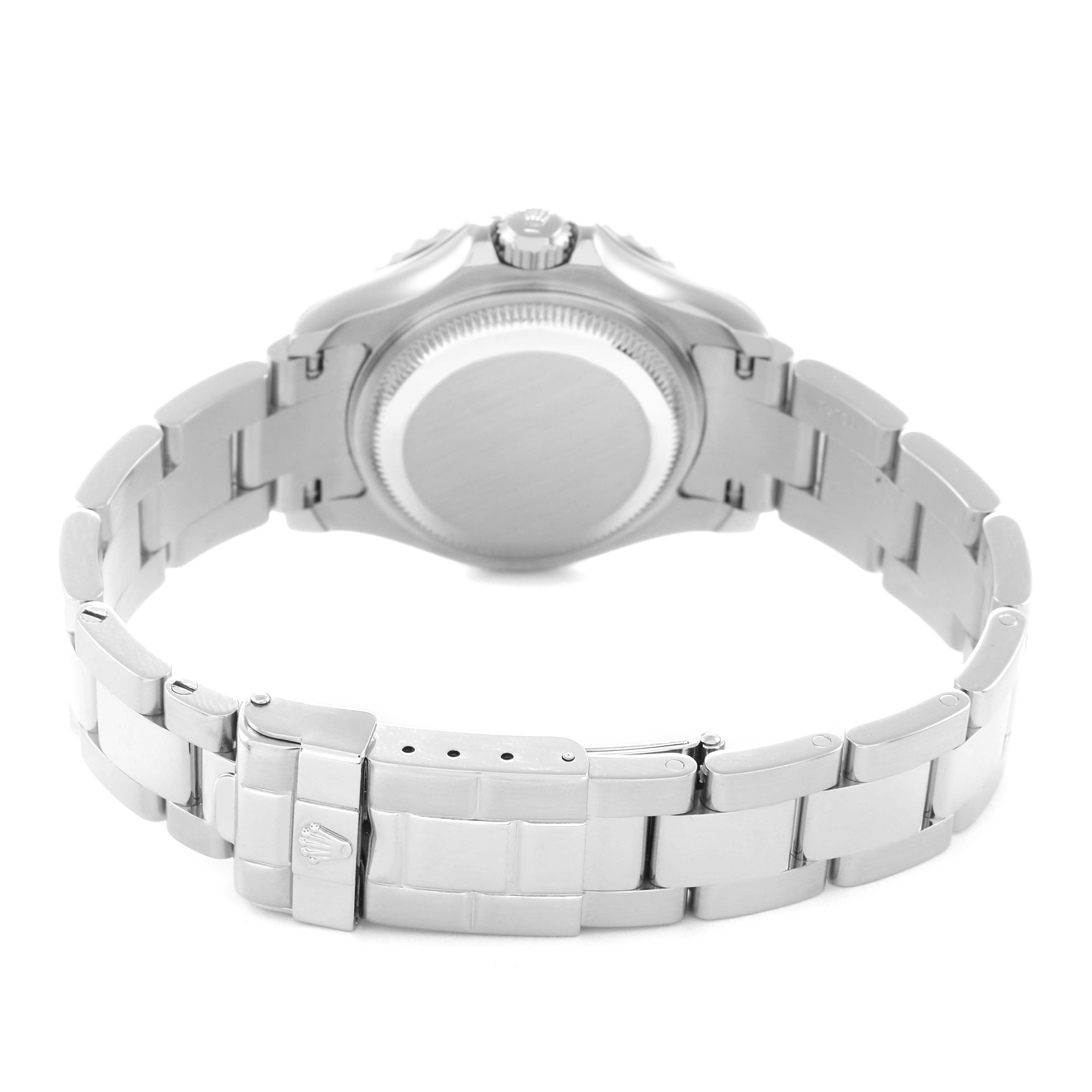 The image shows a rear angle of the Rolex Yacht-Master Men's watch, model number 169622, highlighting the bracelet, clasp, and case back.