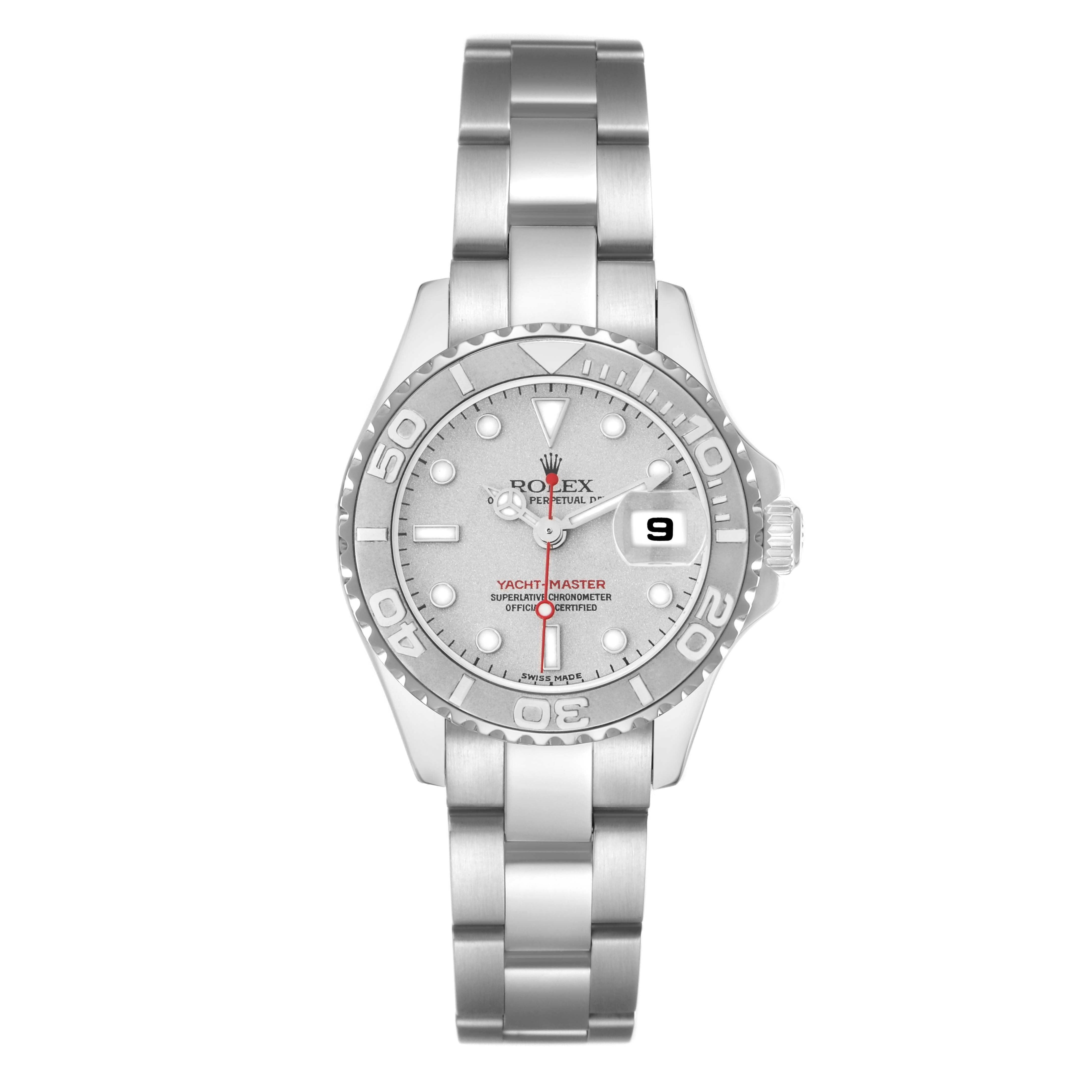 This image shows a front view of a Rolex Yacht-Master, model number 169622, highlighting its silver dial, date window, and stainless steel bracelet.