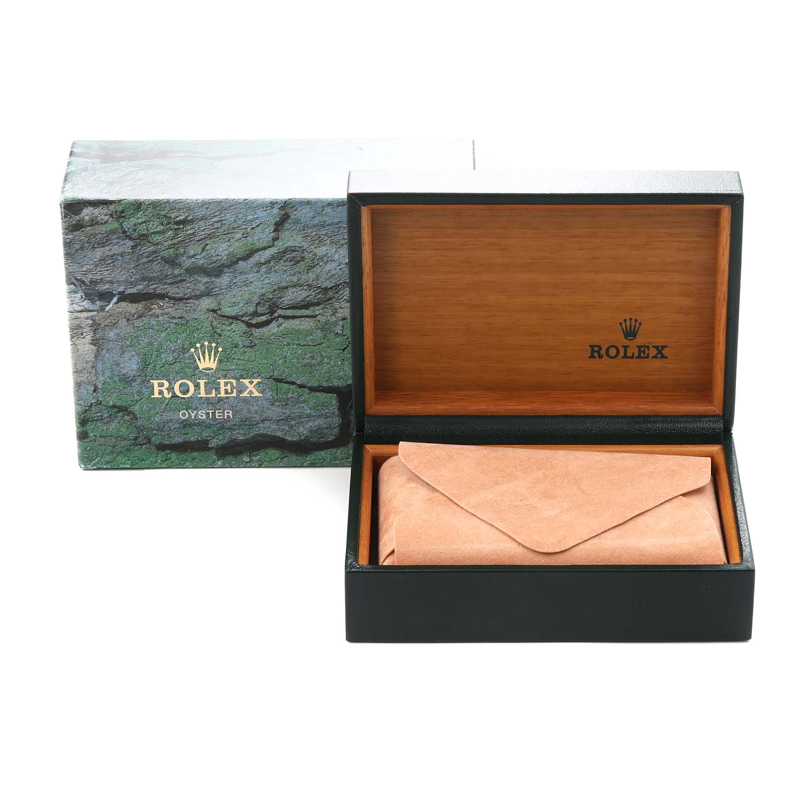 The image shows a Rolex Oyster box and an open inner box lined with wood, suggesting packaging for a Rolex Yacht-Master model 169622 men's watch.