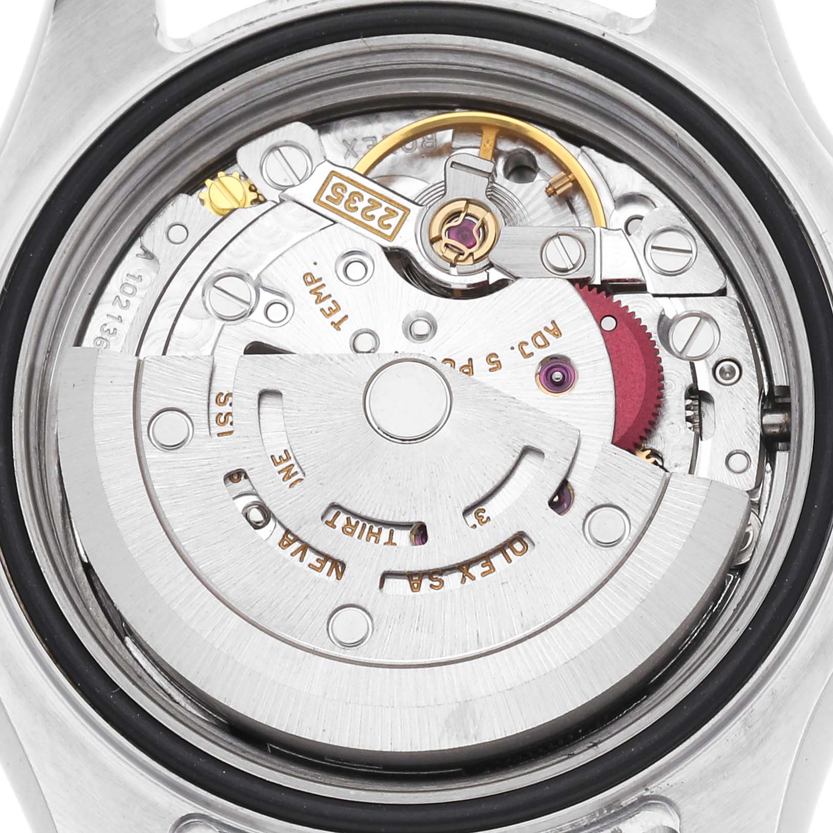 The image shows the movement mechanism of a Rolex Yacht-Master model 169622, focusing on the intricate inner workings without the case back.