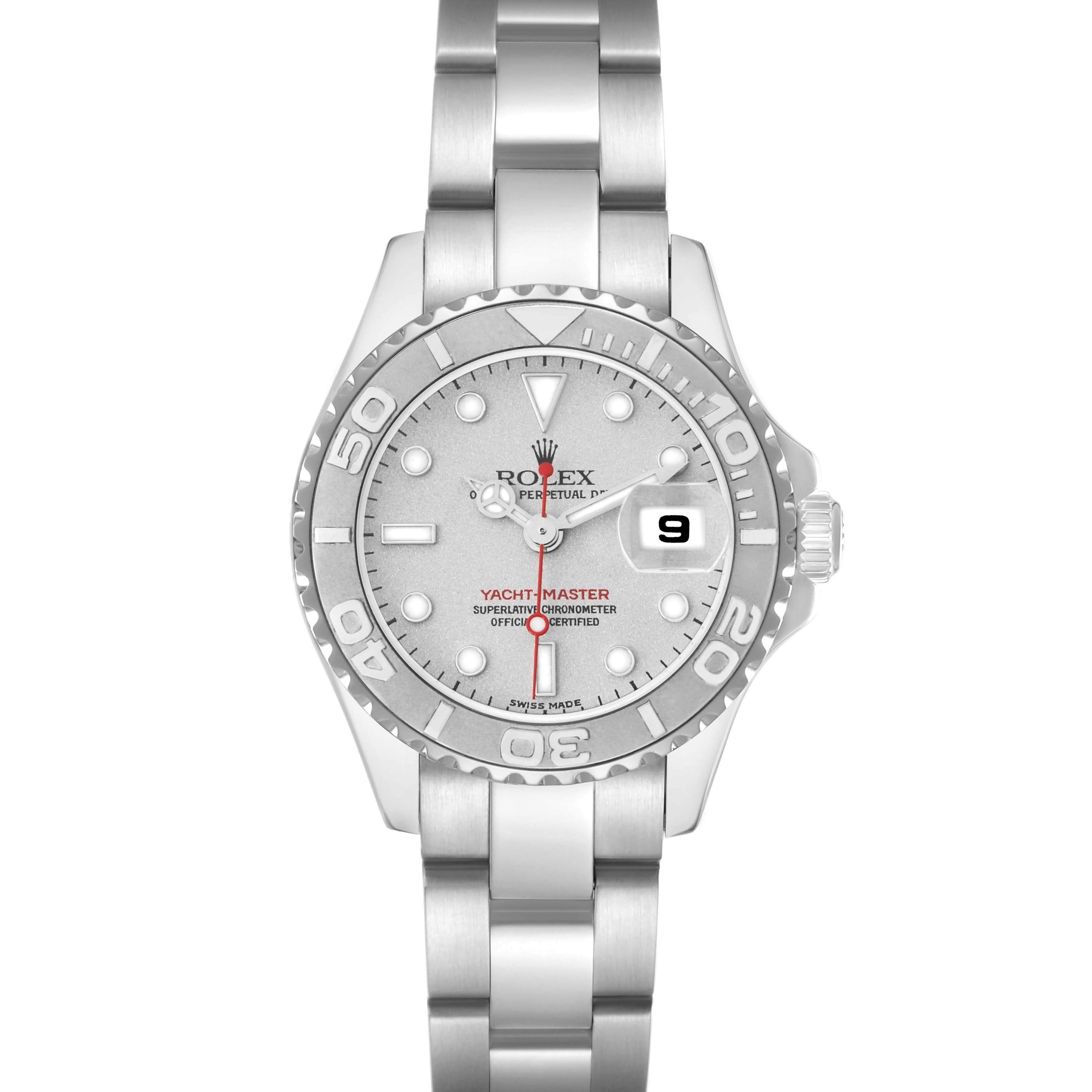 The Rolex Yacht-Master model 169622 is shown from a top-down angle, displaying its dial, bezel, and bracelet.