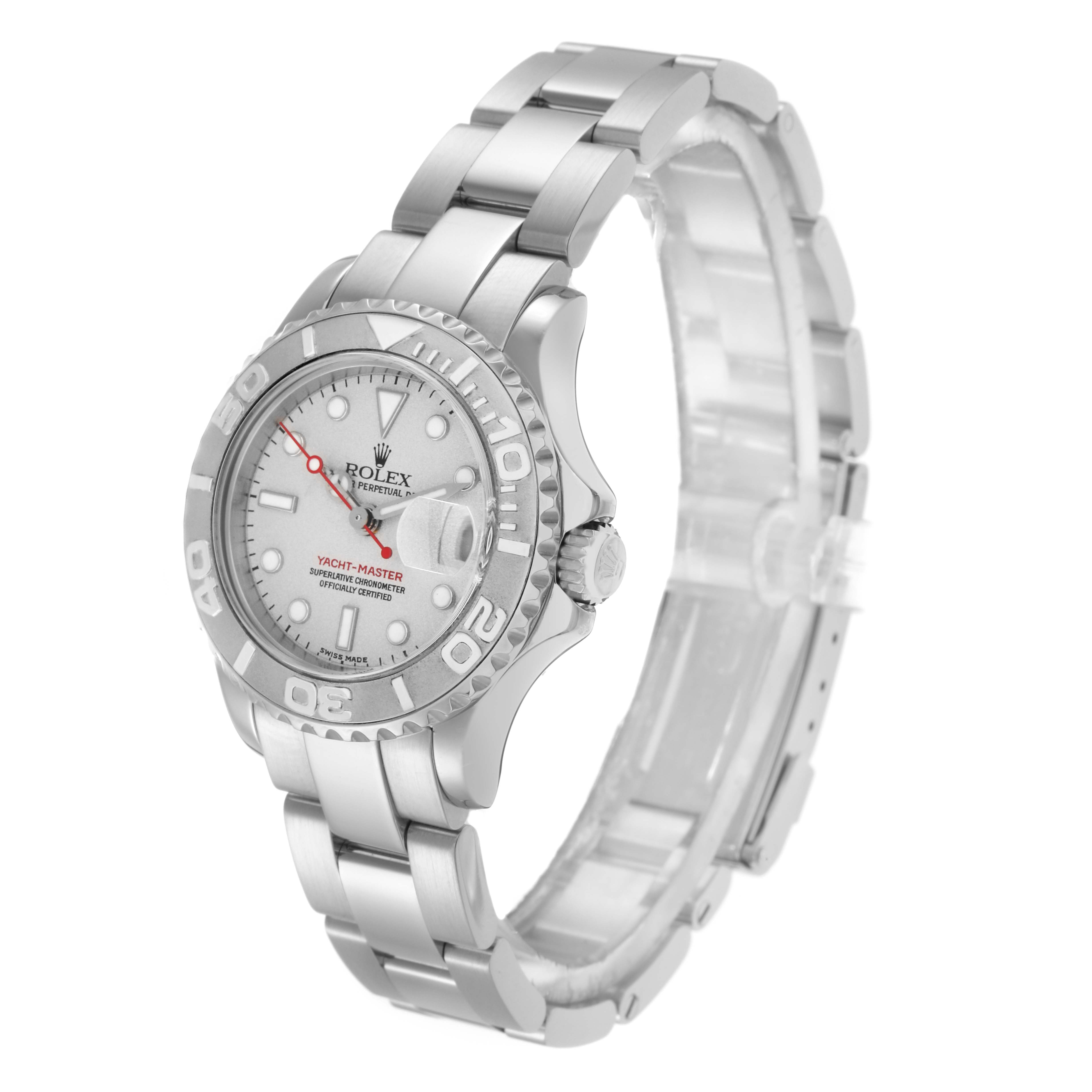 The Rolex Yacht-Master model 169622 is shown at a three-quarter angle, highlighting its dial, bezel, crown, and bracelet.