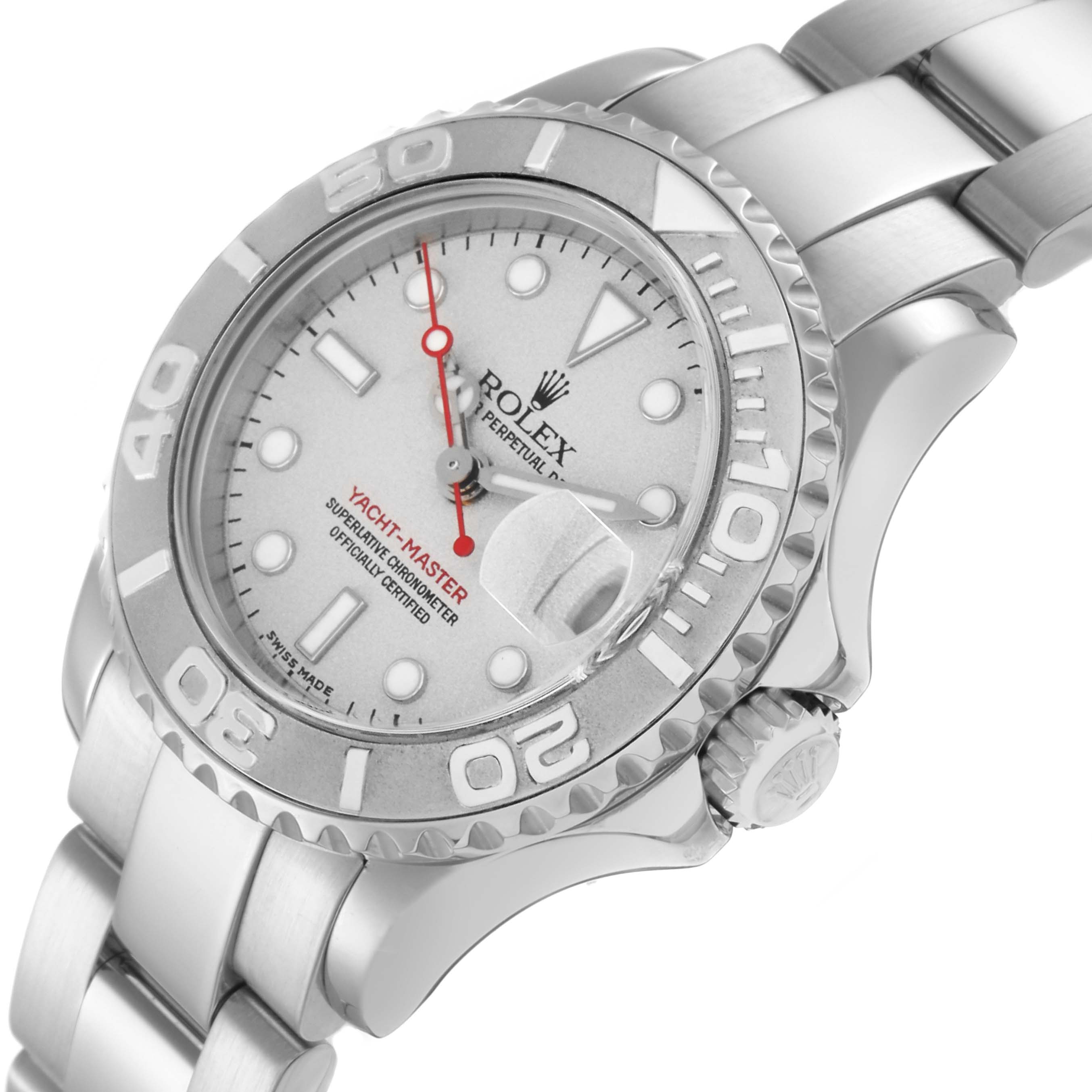The Rolex Yacht-Master model 169622 is shown at an angled side view, highlighting the silver dial, bezel, crown, and part of the bracelet.