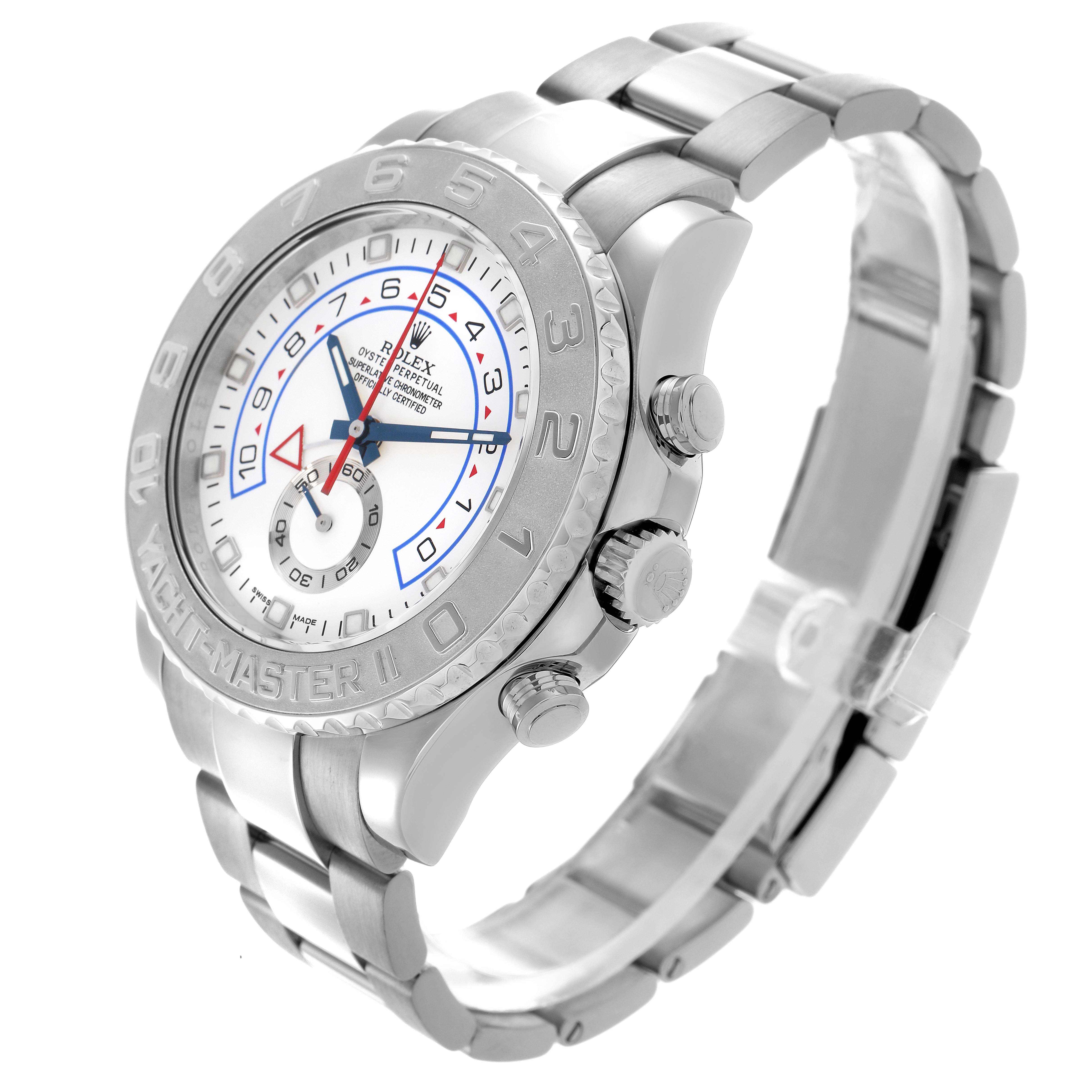 The Rolex Yacht-Master model 116689 is shown at a three-quarter angle, highlighting the bezel, dial, crown, and bracelet.