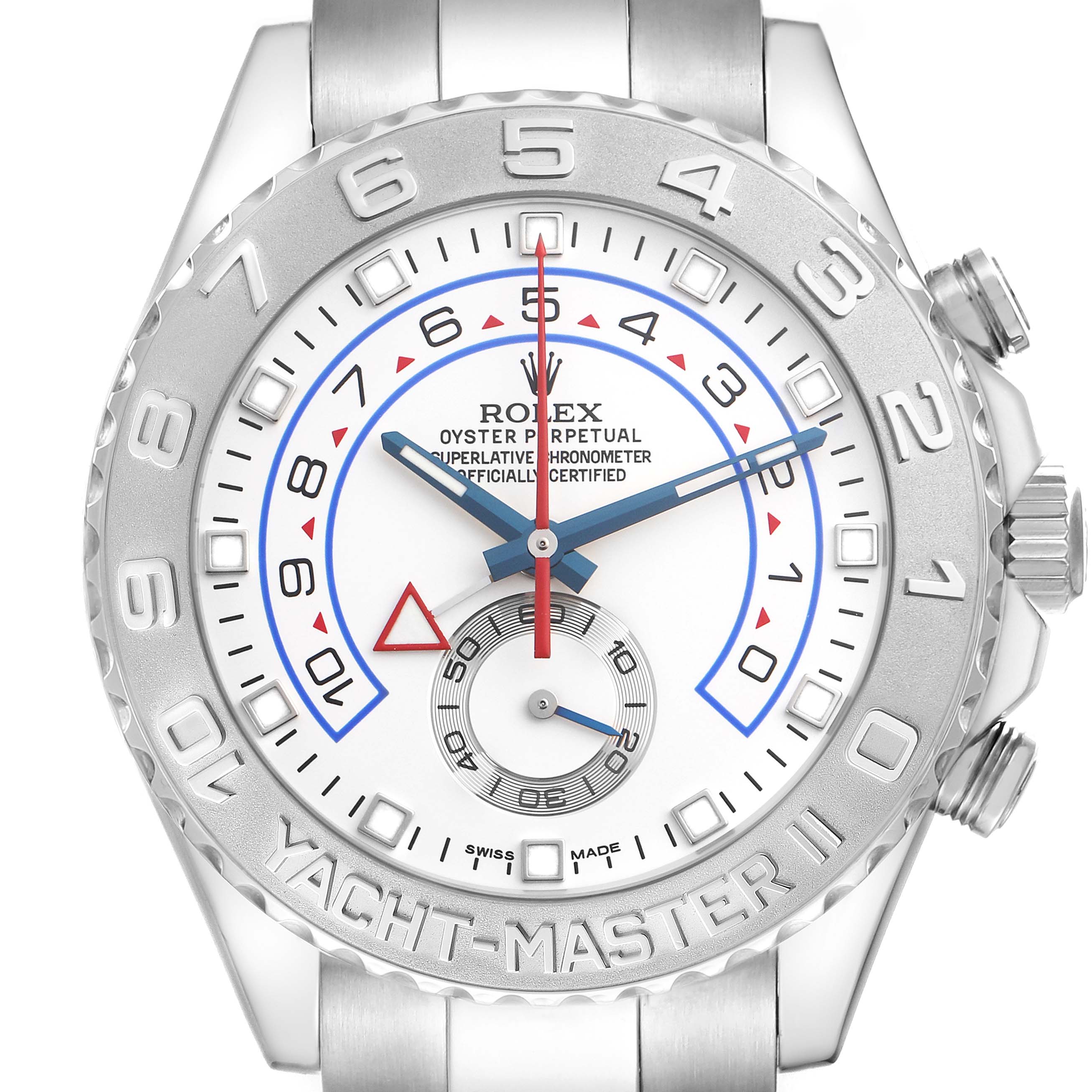The image shows a Rolex Yacht-Master model 116689 watch from the front, highlighting its dial, bezel, crown, and part of the bracelet.