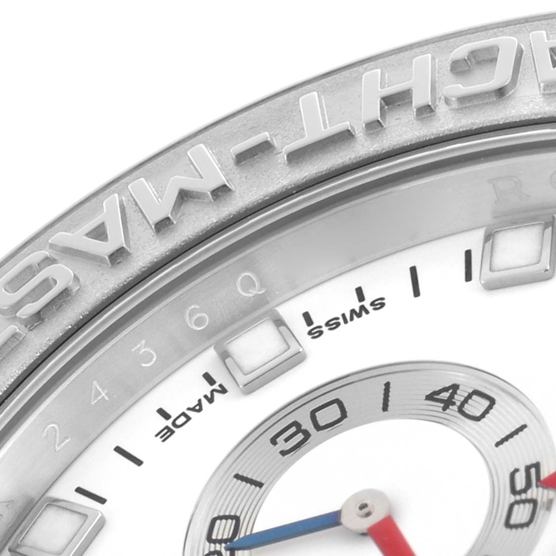 The image shows a partial view of the Rolex Yacht-Master model 116689 men's watch, focusing on the bezel and part of the dial.