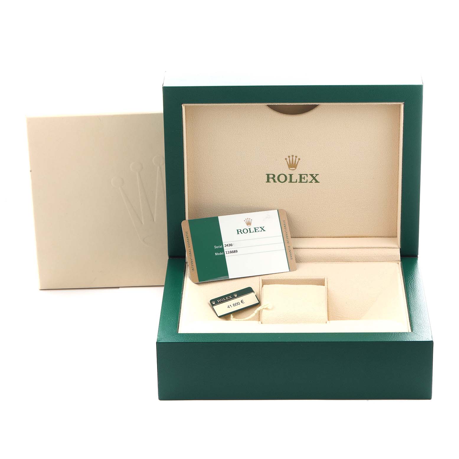 The image shows a Rolex Yacht-Master model number 116689 watch box and accessories, including the certificate card and a price tag, with the box open to reveal the interior.