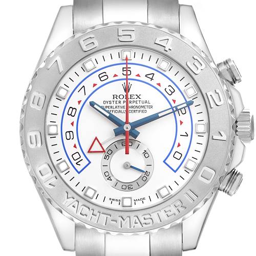The Rolex Yacht-Master model 116689 watch is shown from a frontal angle, highlighting the dial, bezel, and part of the bracelet.