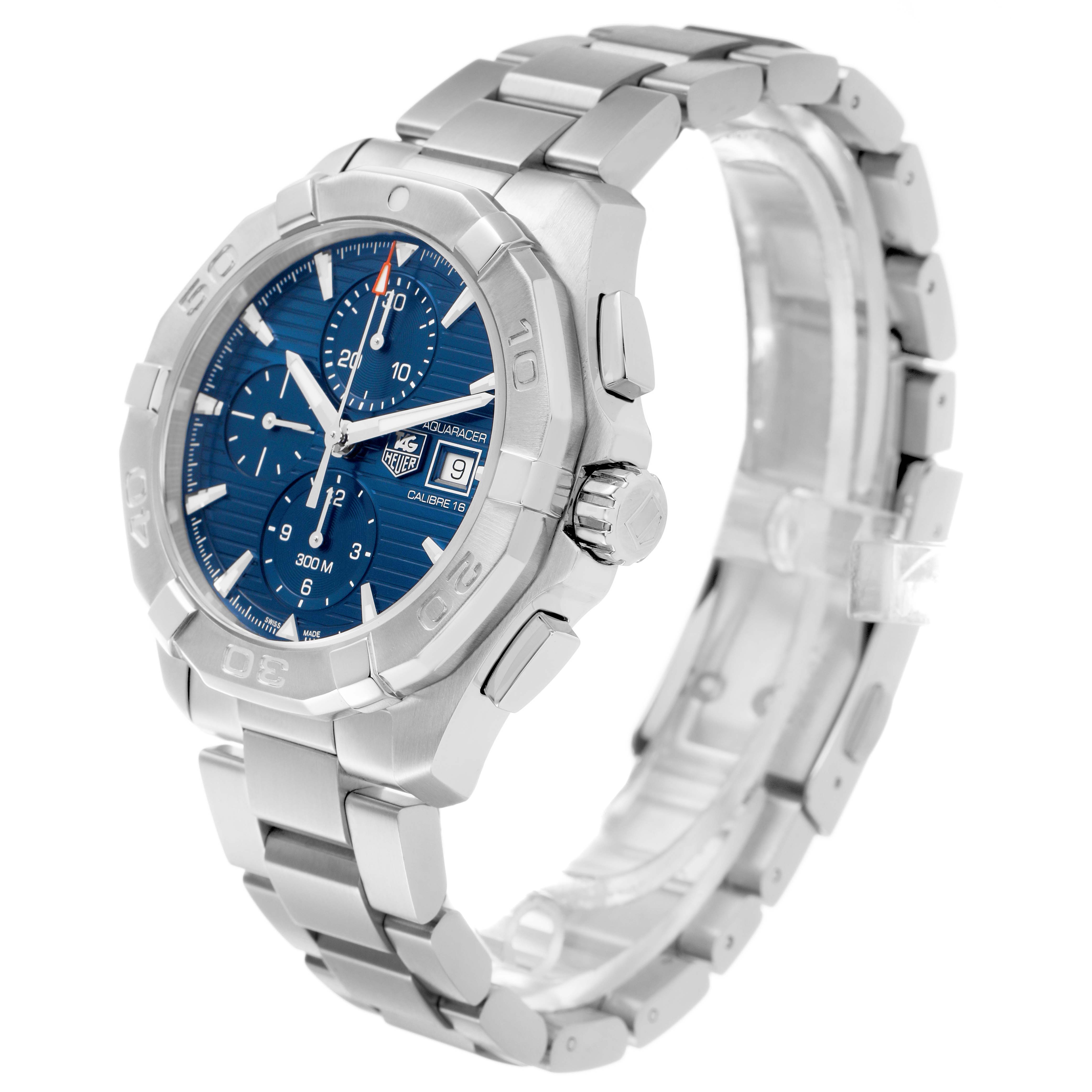 The image shows a Tag Heuer Aquaracer CAY2112.BA0927 Men's Stainless Steel Blue Dial watch at an angled side view, displaying the bracelet, case, and dial.