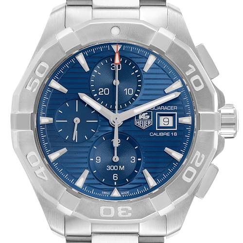The Tag Heuer Aquaracer CAY2112.BA0927 Men's Stainless Steel Blue Dial watch is shown from the front, displaying its blue dial, chronograph subdials, bezel, and date window.
