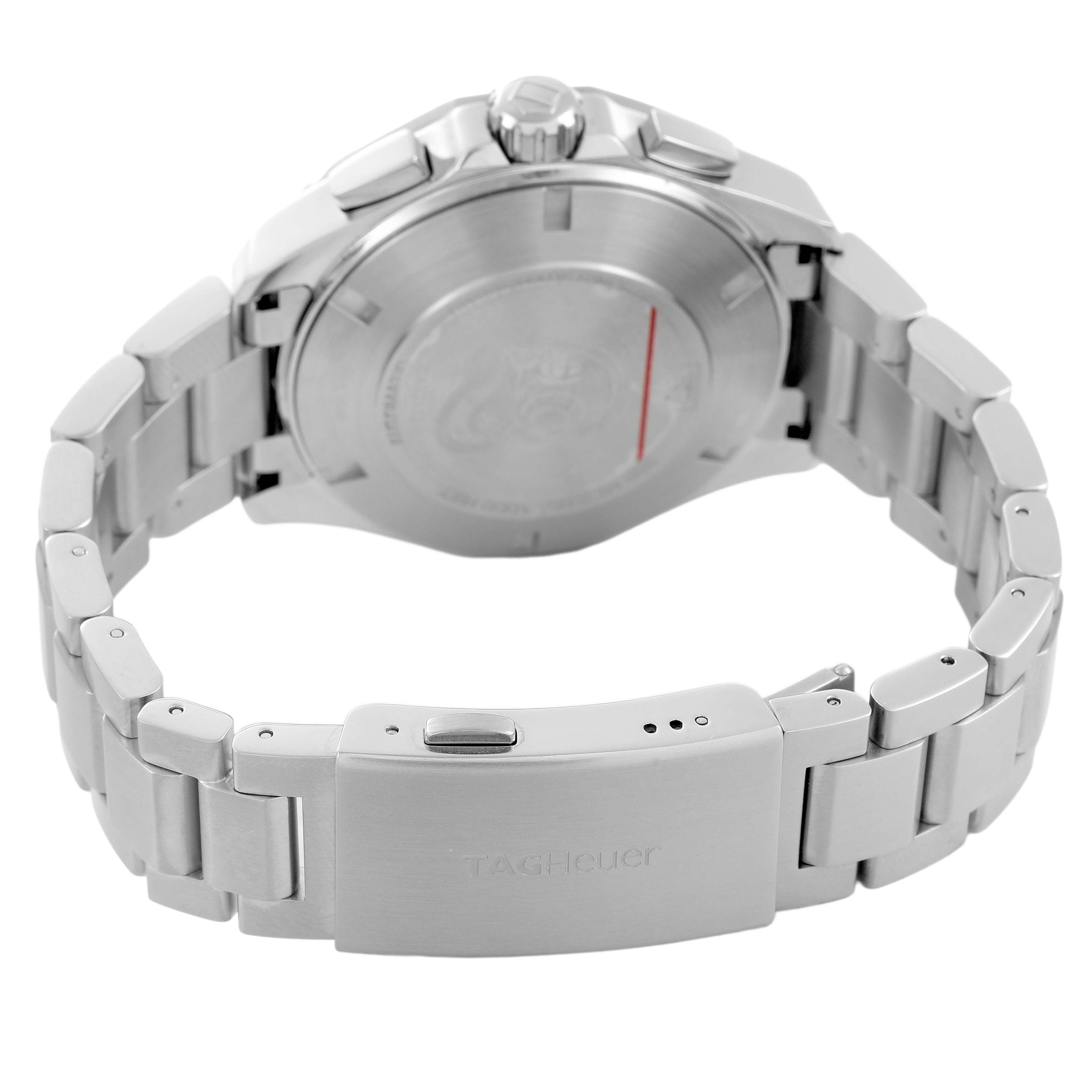 The image shows the back and clasp of a Tag Heuer Aquaracer CAY2112.BA0927 Men's Stainless Steel Blue Dial, highlighting the bracelet and caseback.