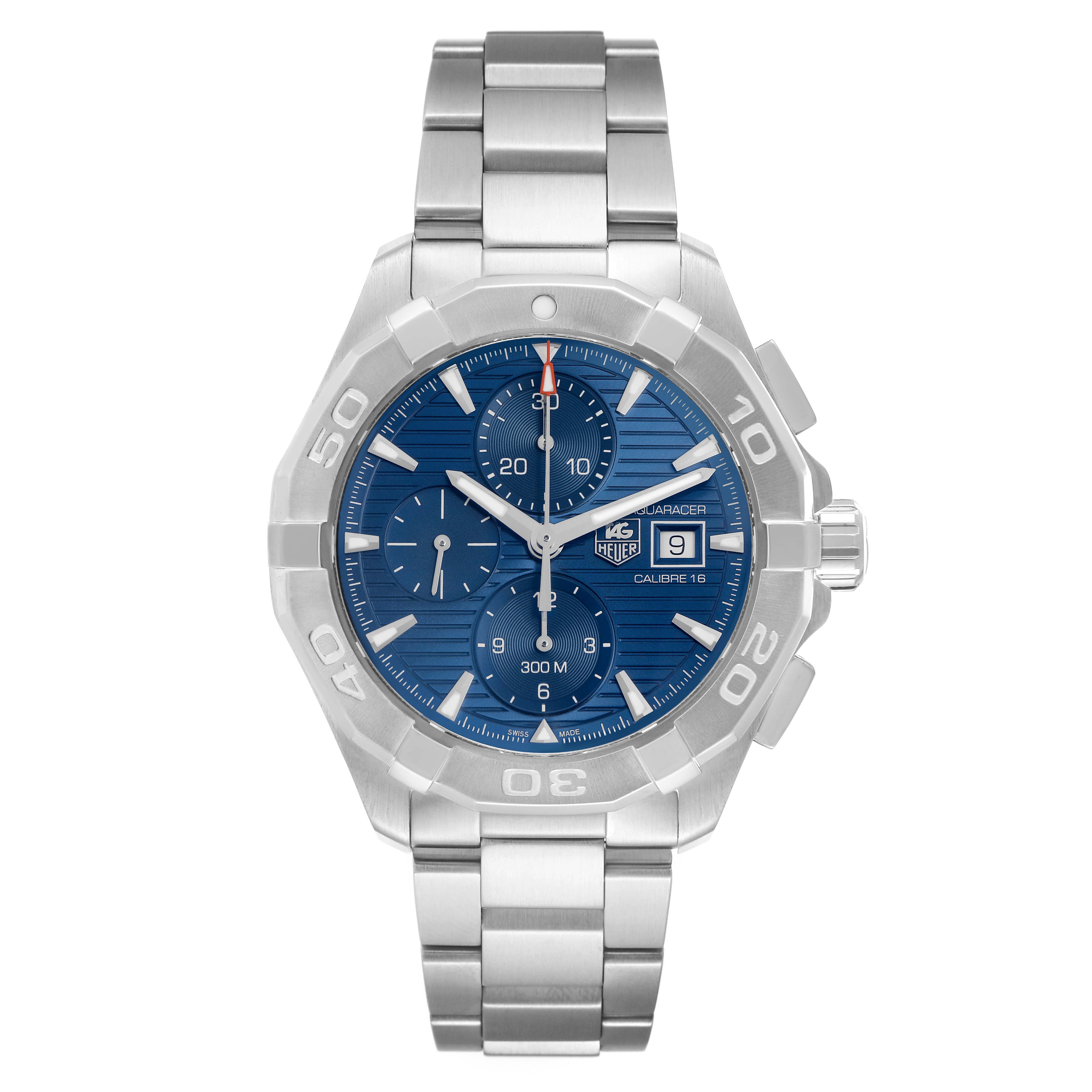 The image shows a front view of the Tag Heuer Aquaracer CAY2112.BA0927 Men's Stainless Steel Blue Dial watch, including its stainless steel bracelet and bezel.