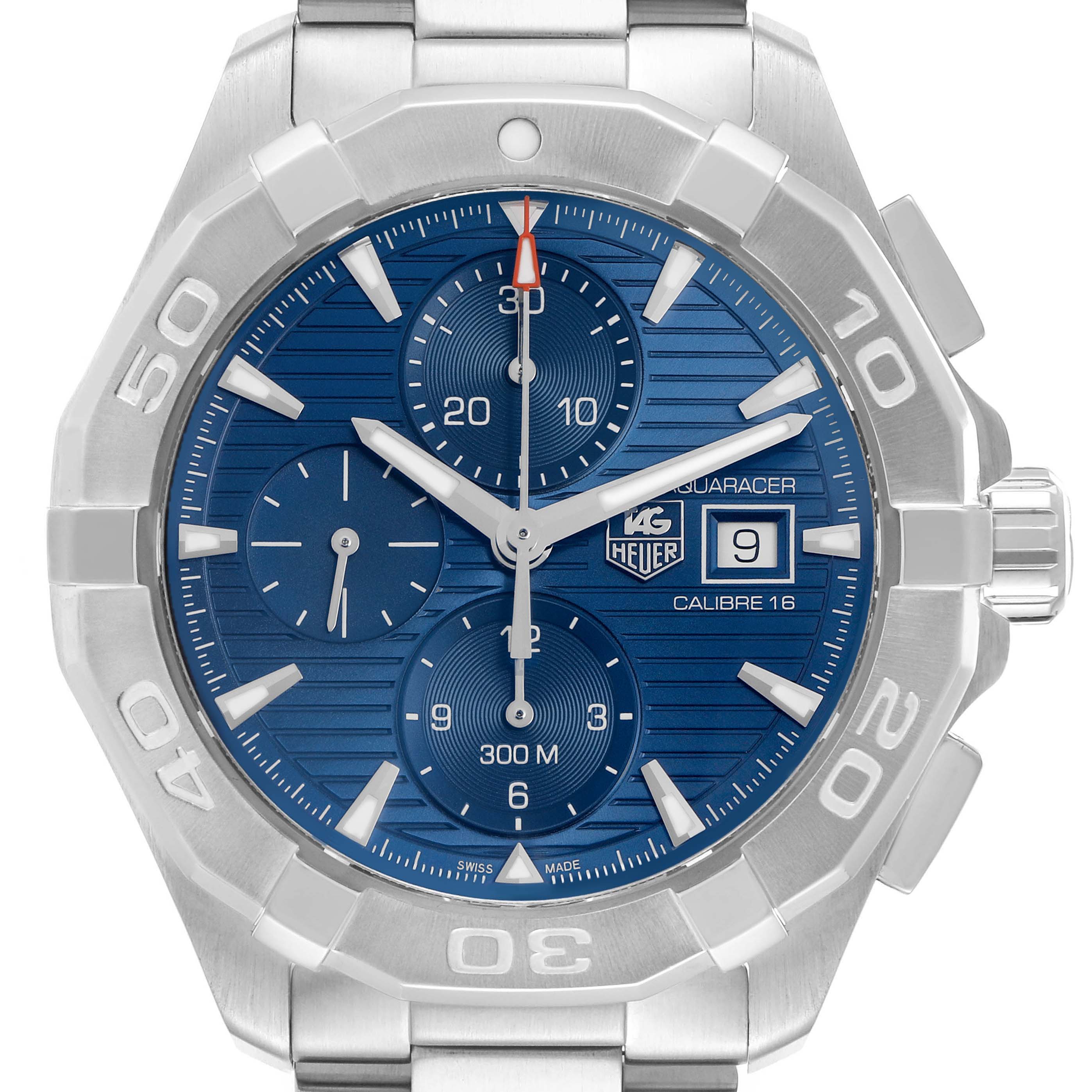 The Tag Heuer Aquaracer CAY2112.BA0927 Men's Stainless Steel Blue Dial watch is shown from the front, displaying the dial, bezel, and metal bracelet.