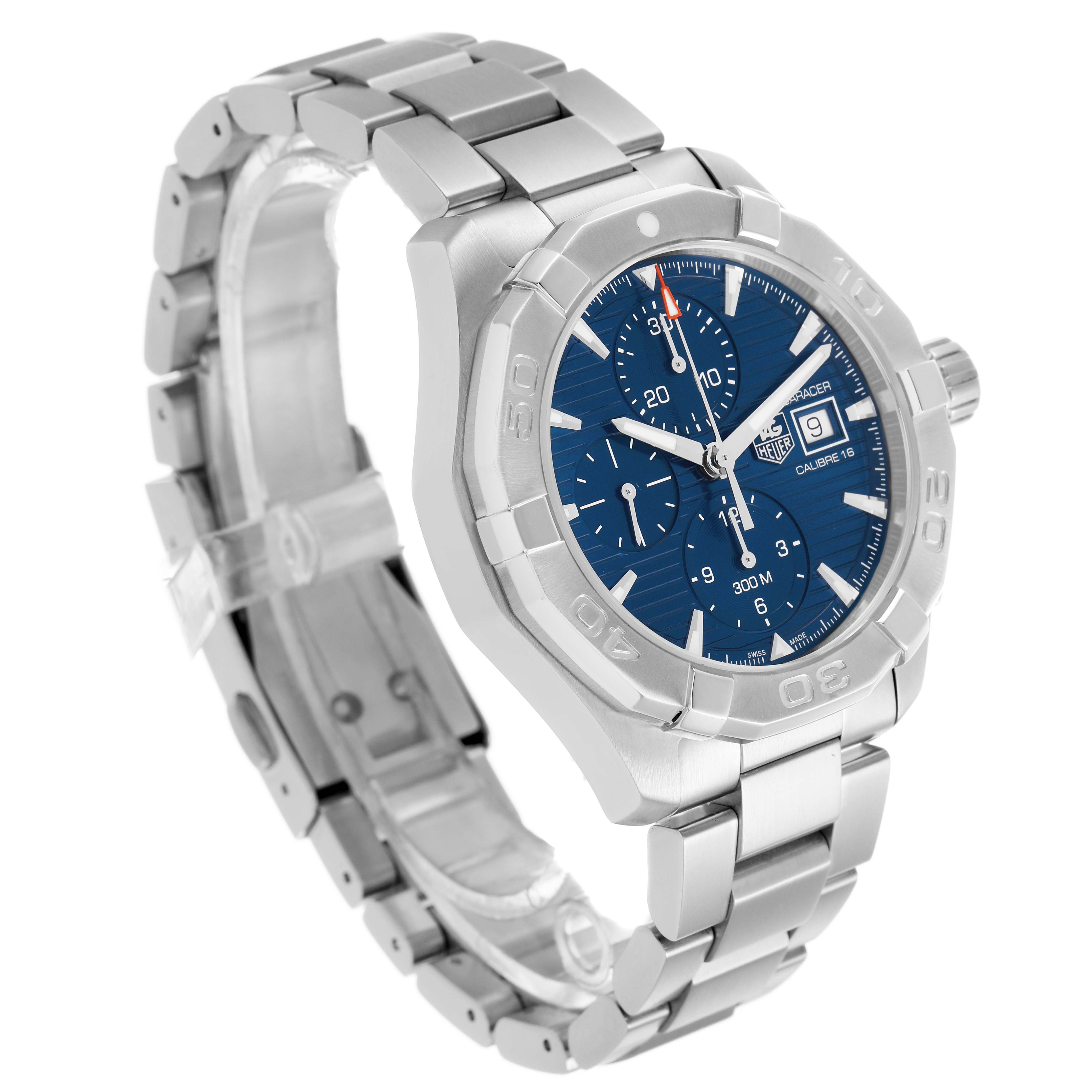 The Tag Heuer Aquaracer CAY2112.BA0927 Men's Stainless Steel Blue Dial watch is shown at a slight angle, highlighting the face, bezel, and bracelet.
