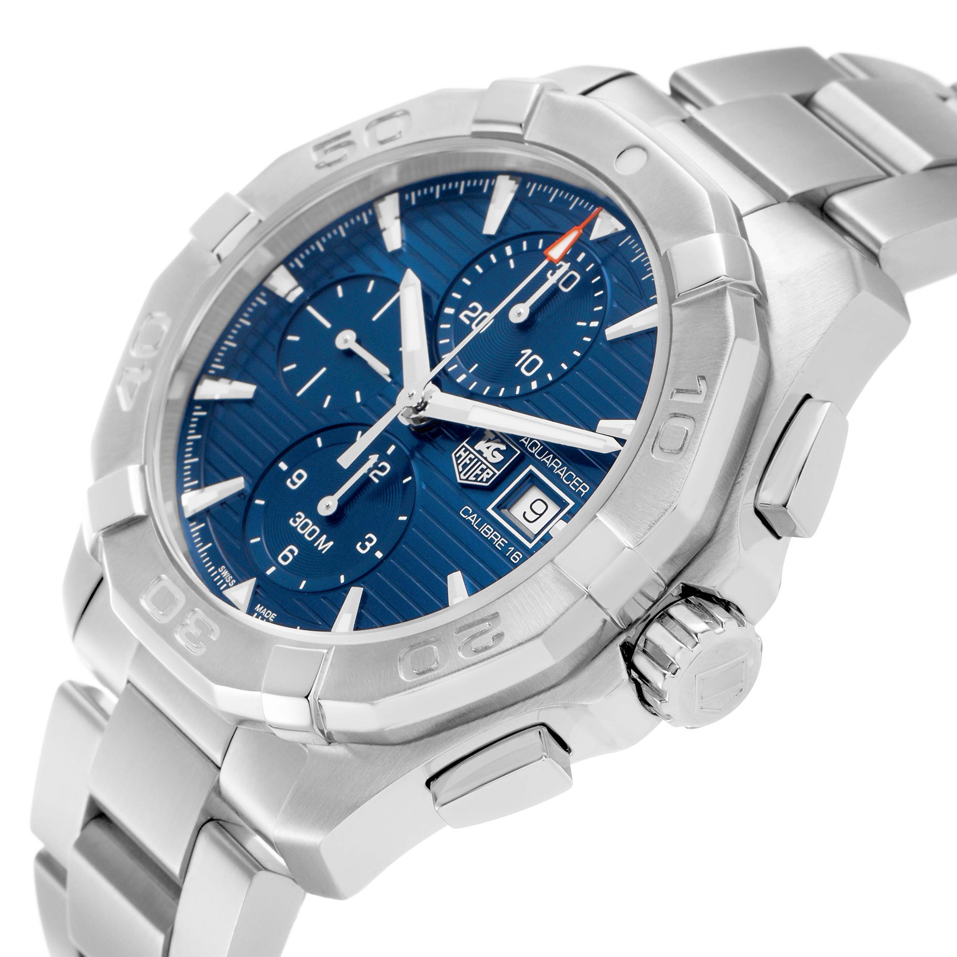 The image shows a side angle of a Tag Heuer Aquaracer CAY2112.BA0927 Men's Stainless Steel Blue Dial watch, highlighting the bezel, crown, and part of the bracelet.