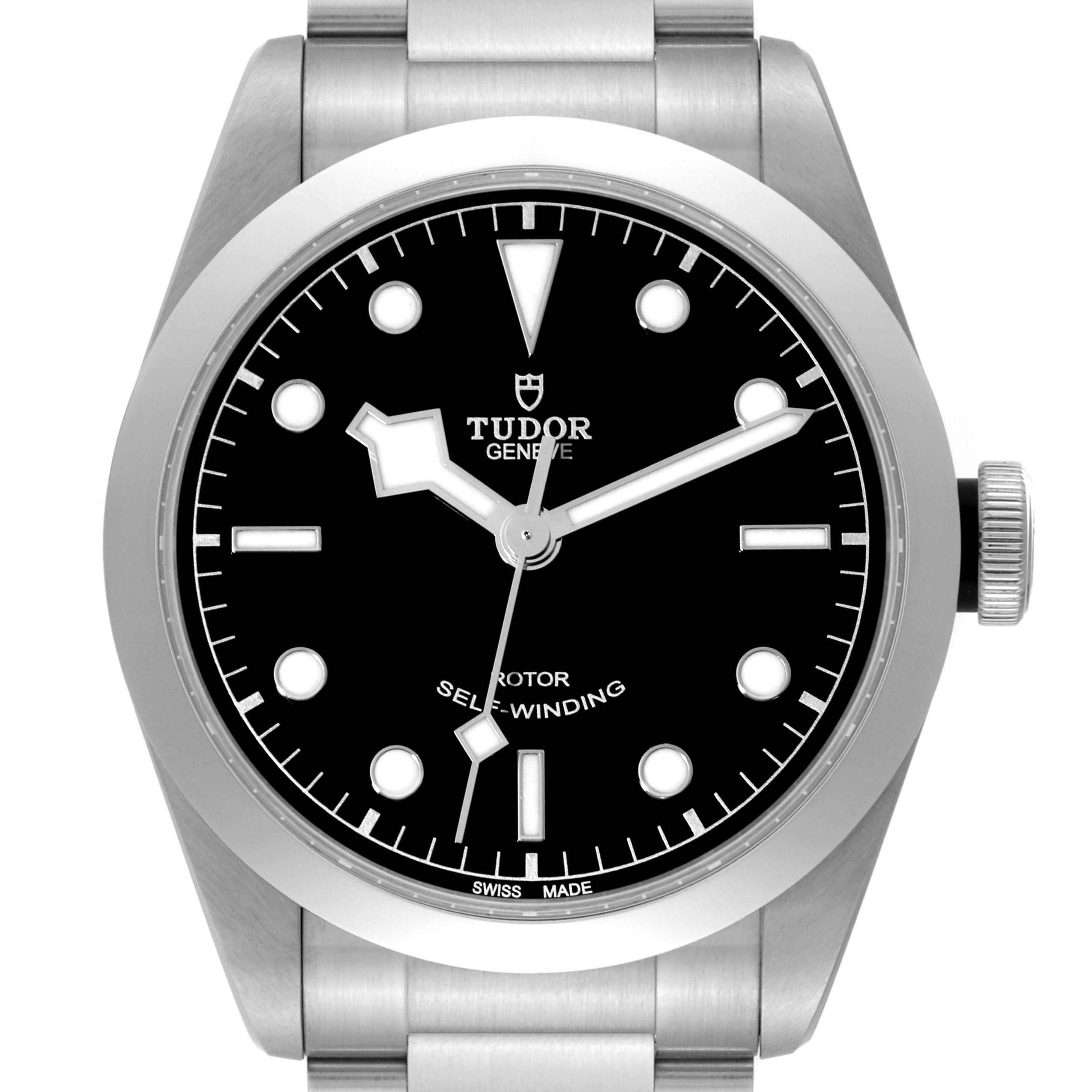 The image shows a front view of the Tudor Heritage Black Bay 79540 Men's Stainless Steel Black Dial 79540 Men's Stainless Steel Black Dial watch, focusing on its black dial, white markers, and stainless steel bracelet.