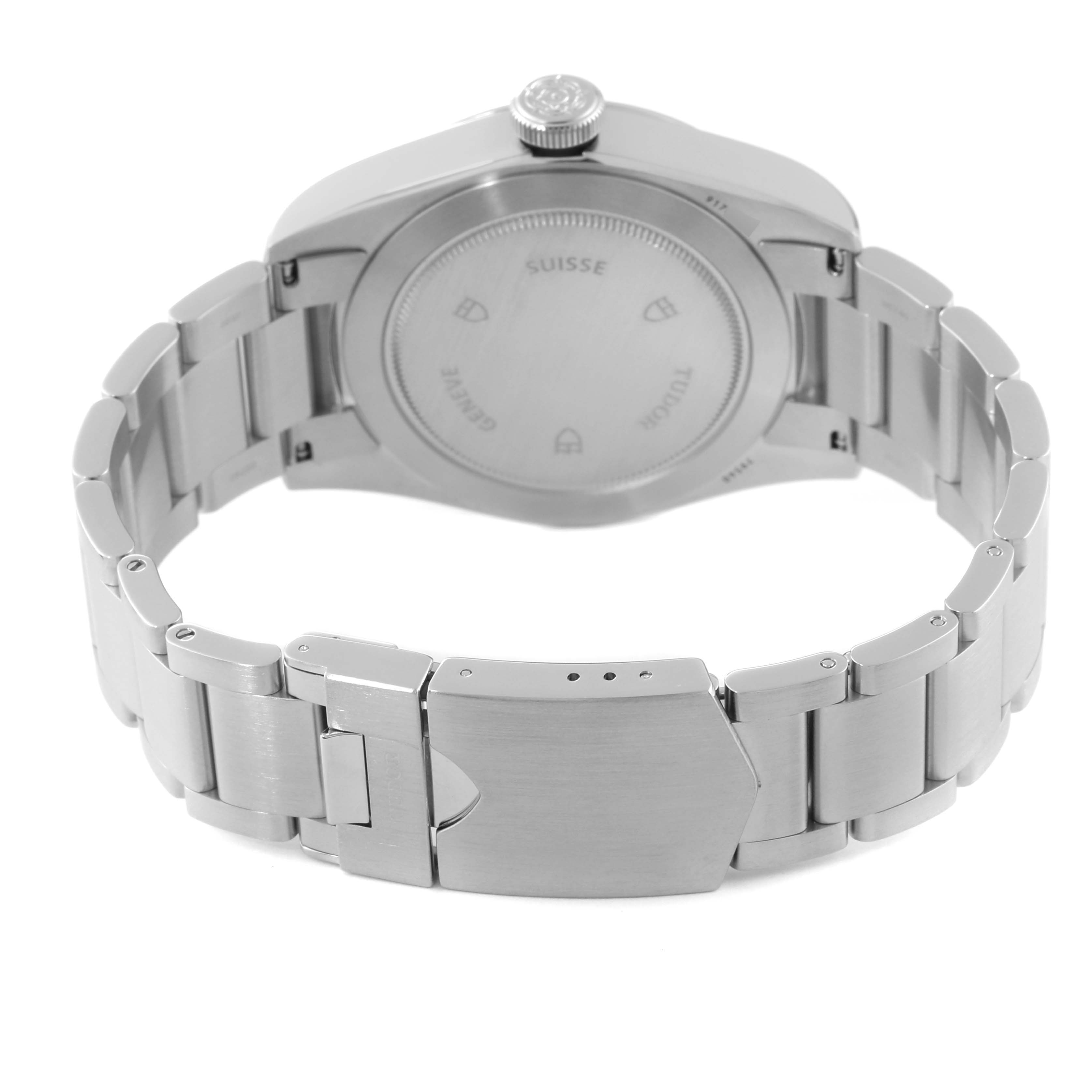 The image shows the backside and metal bracelet of the Tudor Heritage Black Bay 79540 Men's Stainless Steel Black Dial 79540 Men's Stainless Steel Black Dial watch, highlighting its clasp and caseback.